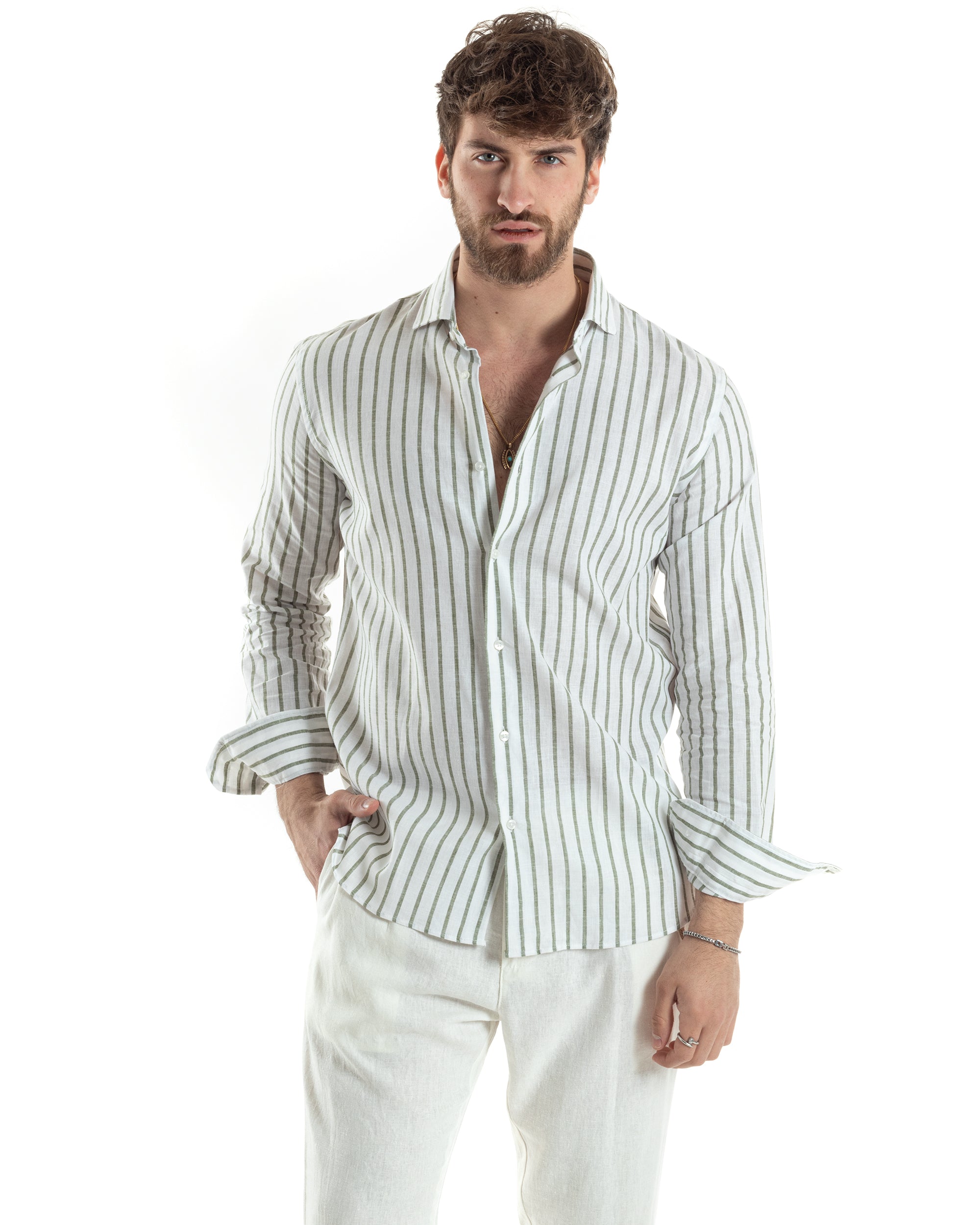Camicia Uomo Con Colletto Francese Maniche Lunghe Lino Riga Stretta Casual Verde GIOSAL-C2749A