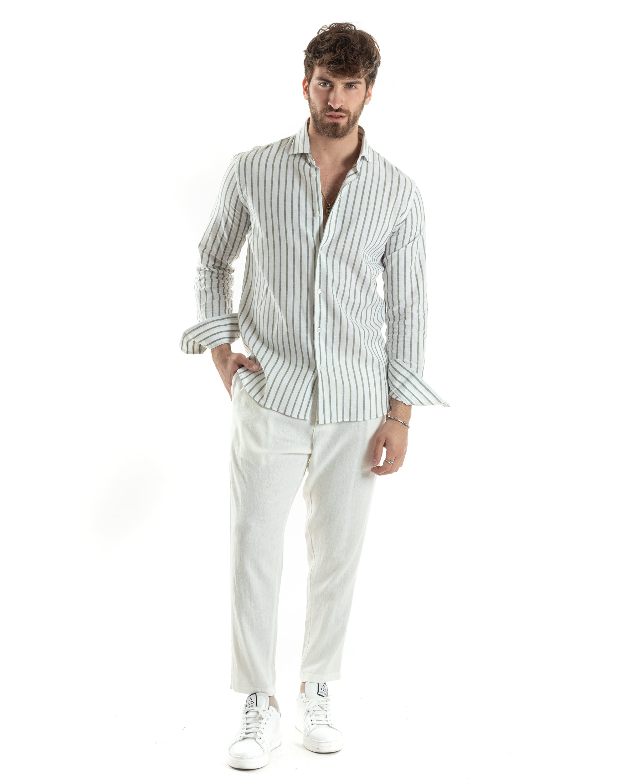 Camicia Uomo Con Colletto Francese Maniche Lunghe Lino Riga Stretta Casual Verde GIOSAL-C2749A