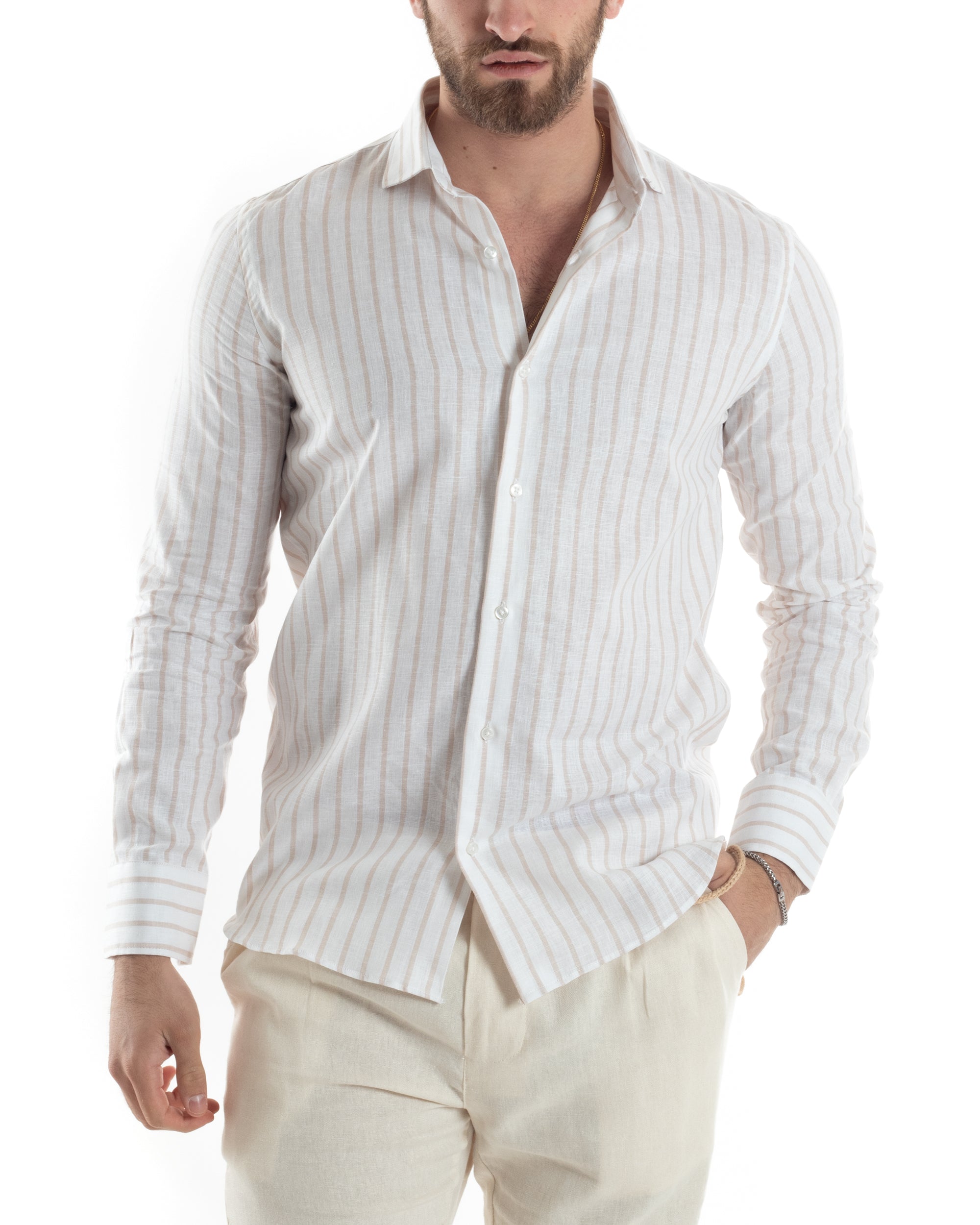 Camicia Uomo Con Colletto Francese Maniche Lunghe Lino Riga Stretta Casual Beige GIOSAL-C2750A