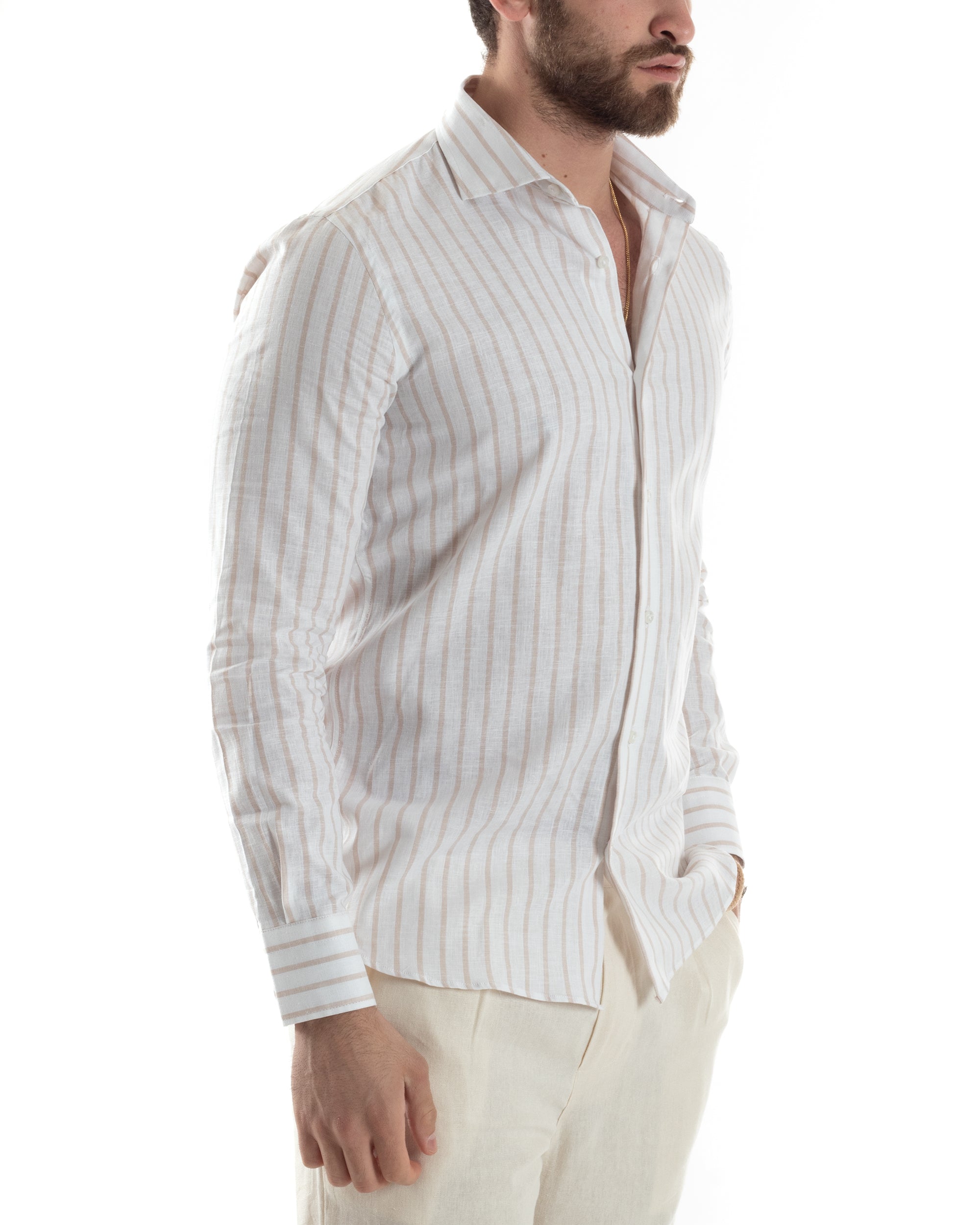 Camicia Uomo Con Colletto Francese Maniche Lunghe Lino Riga Stretta Casual Beige GIOSAL-C2750A