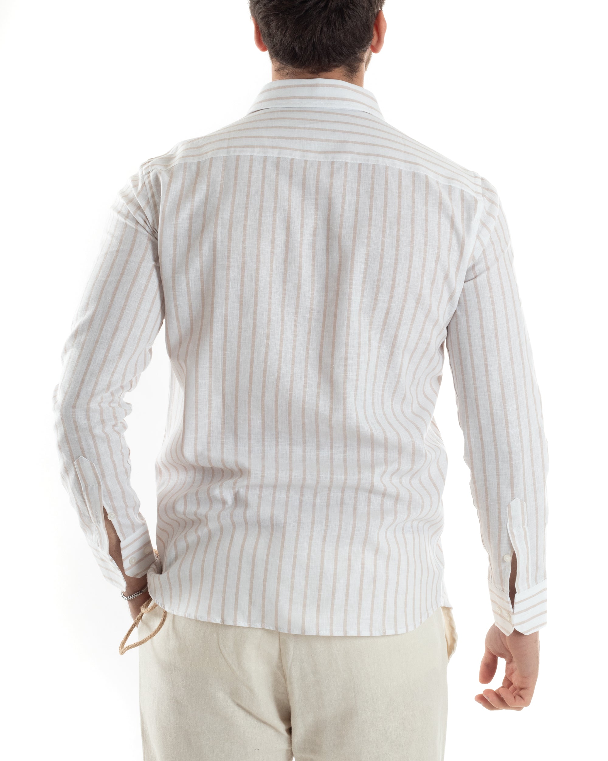 Camicia Uomo Con Colletto Francese Maniche Lunghe Lino Riga Stretta Casual Beige GIOSAL-C2750A