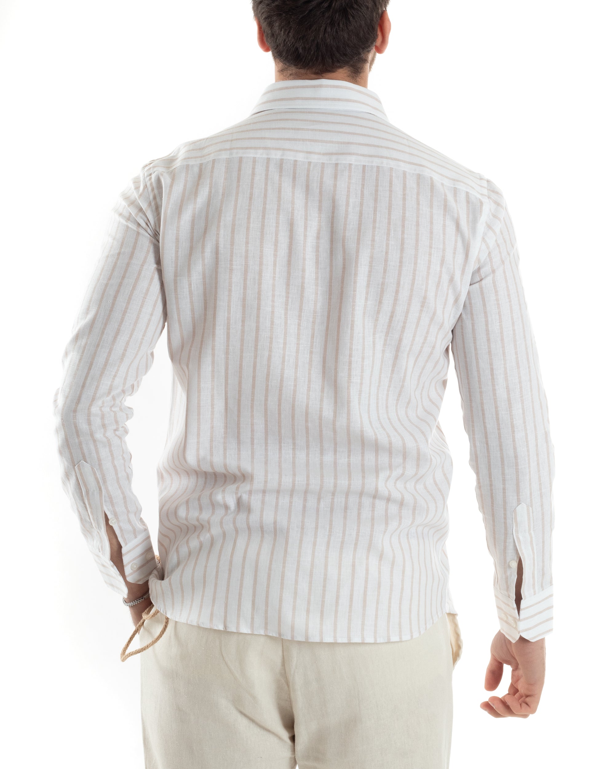 Camicia Uomo Con Colletto Francese Manica Lunga Lino Riga Stretta Casual Beige GIOSAL-C2750A