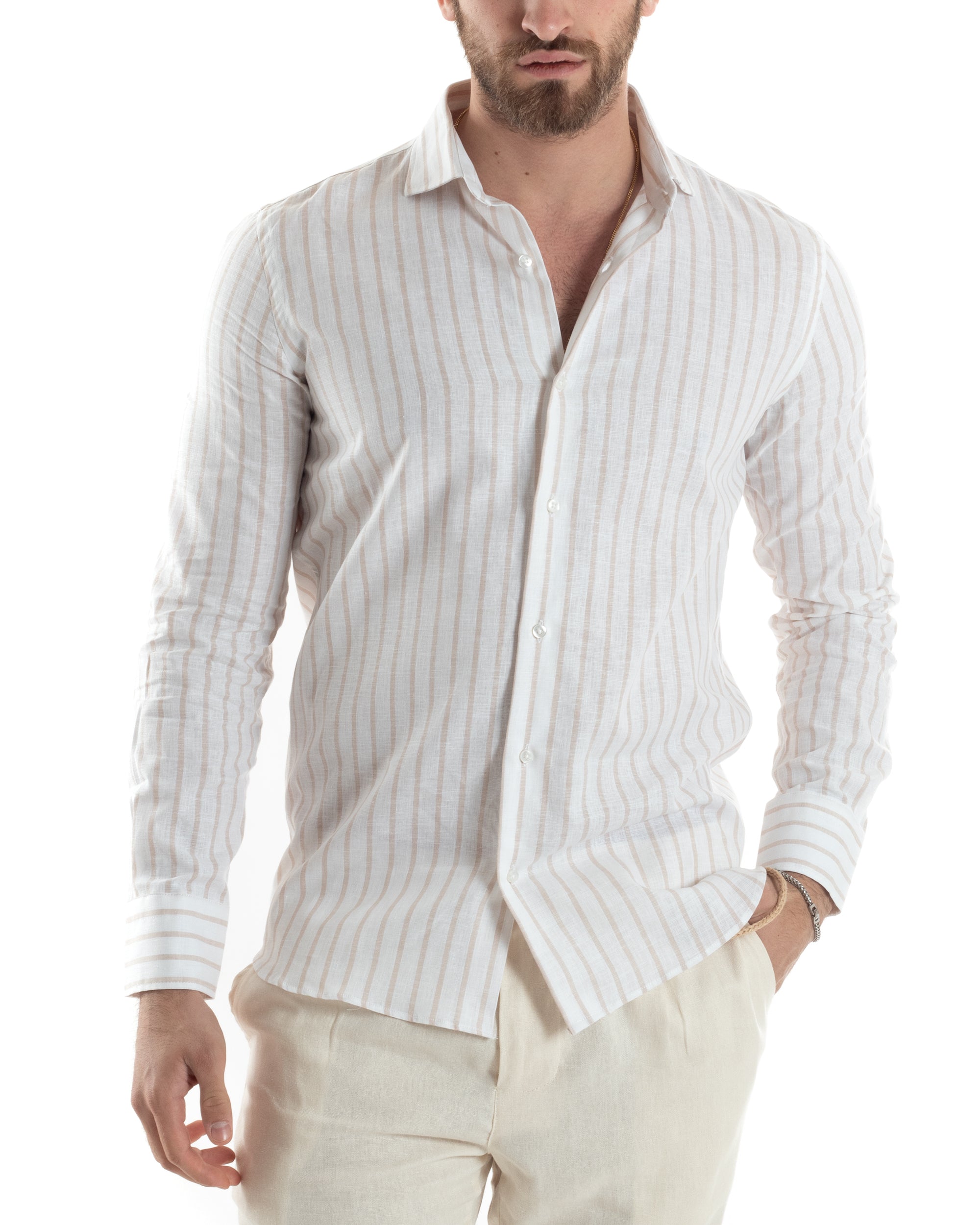 Camicia Uomo Con Colletto Francese Maniche Lunghe Lino Riga Stretta Casual Beige GIOSAL-C2750A