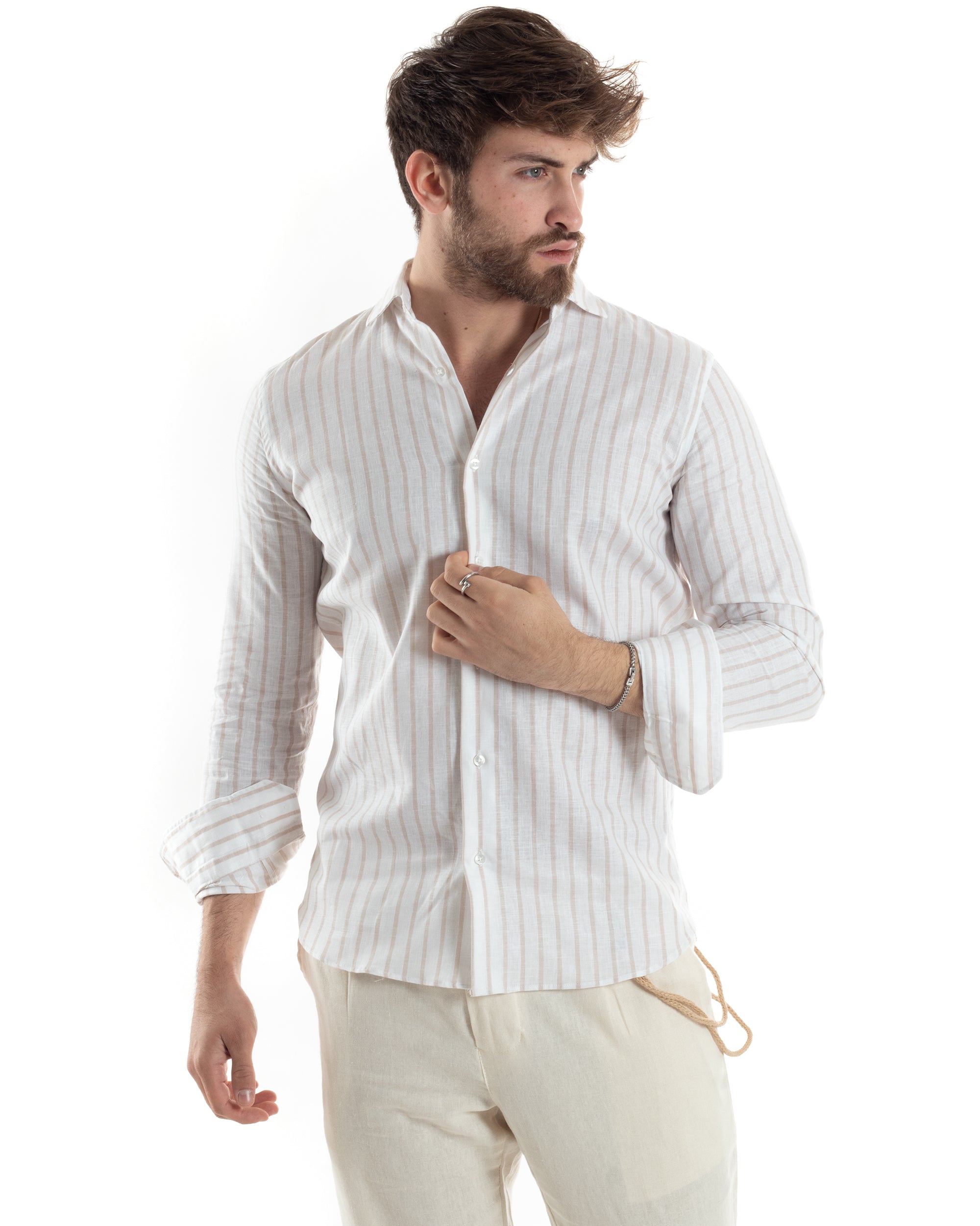 Camicia Uomo Con Colletto Francese Maniche Lunghe Lino Riga Stretta Casual Beige GIOSAL-C2750A