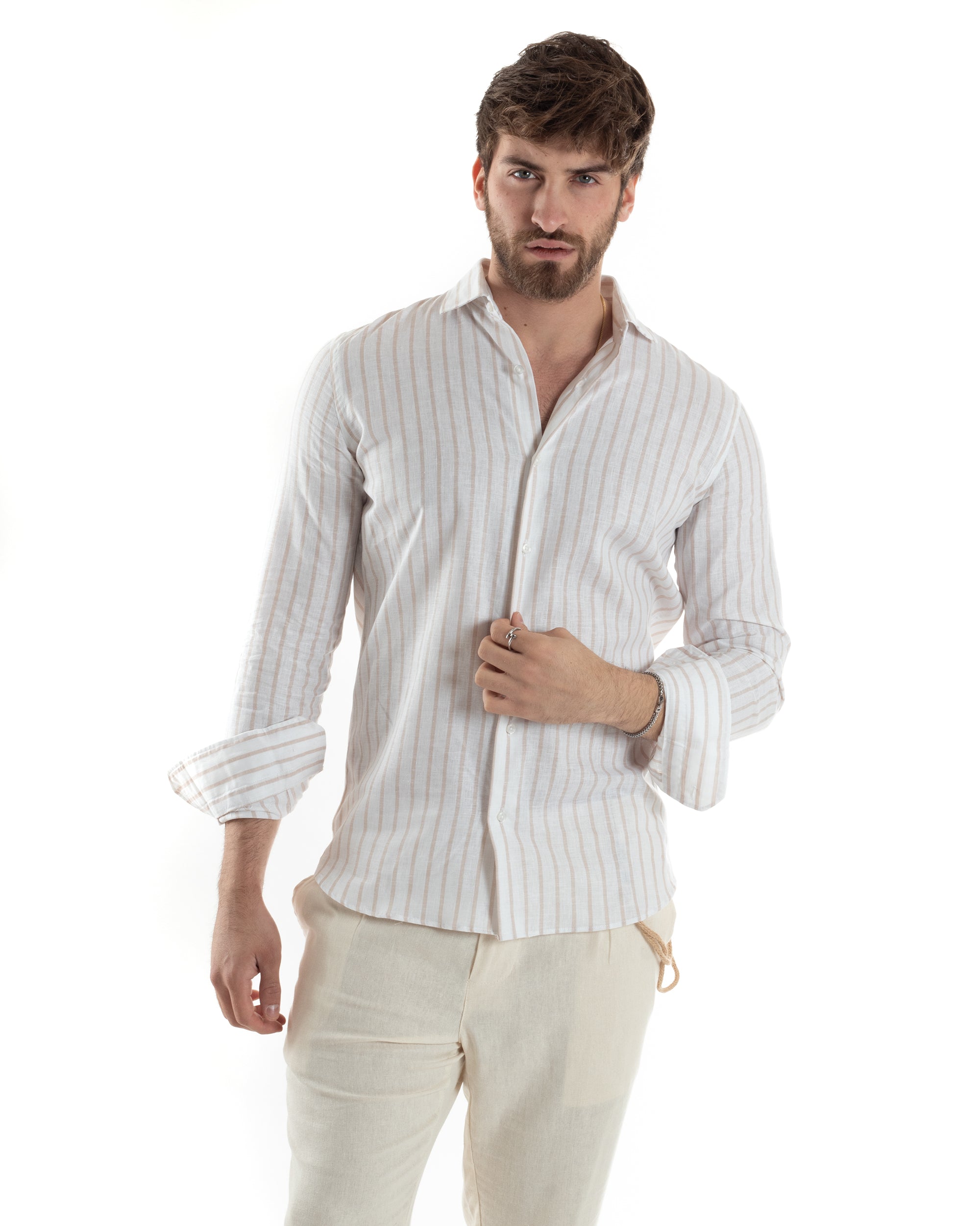Camicia Uomo Con Colletto Francese Maniche Lunghe Lino Riga Stretta Casual Beige GIOSAL-C2750A