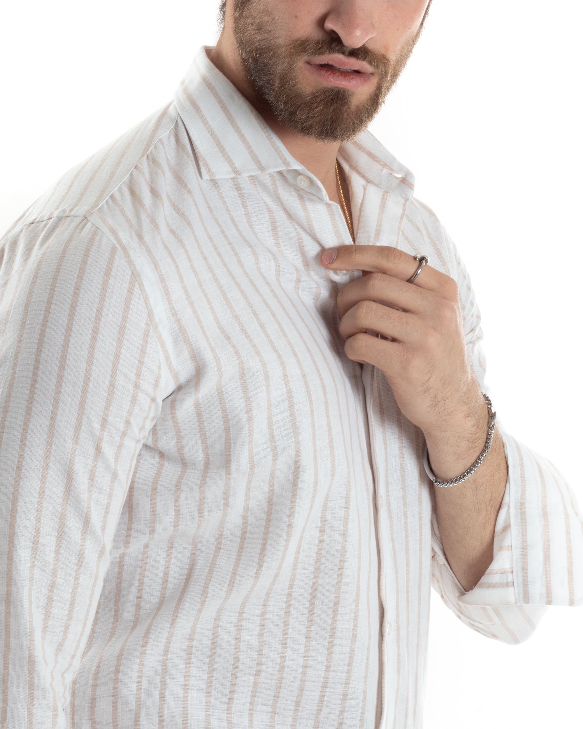 Camicia Uomo Con Colletto Francese Maniche Lunghe Lino Riga Stretta Casual Beige GIOSAL-C2750A