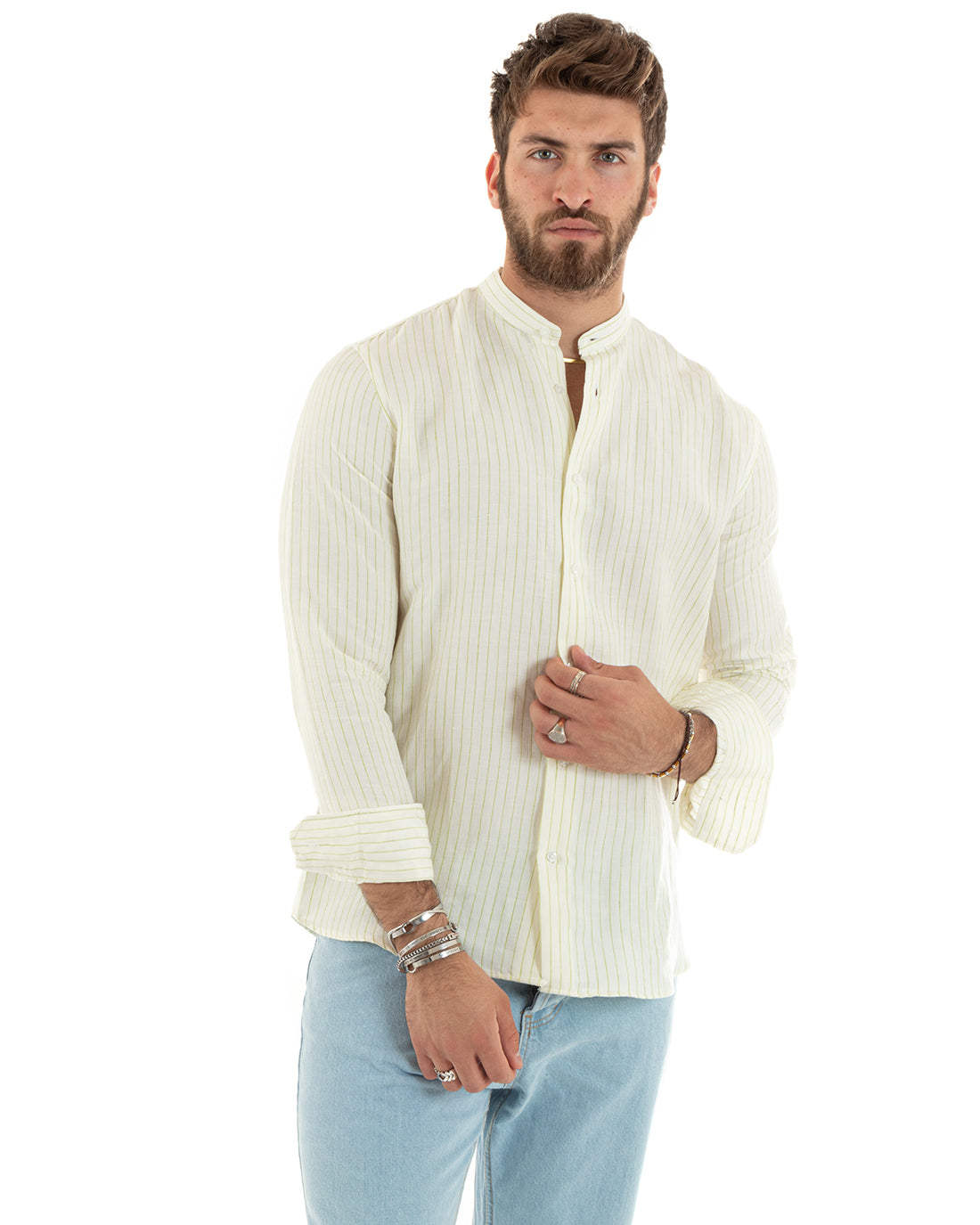 Camicia Uomo Collo Coreano Maniche Lunghe Lino Cotone Regular Fit Rigata Verde GIOSAL-C2754A