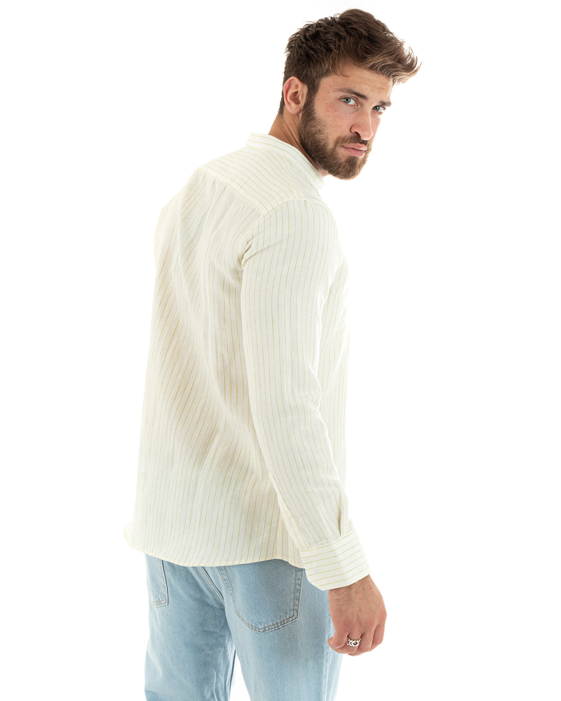 Camicia Uomo Collo Coreano Maniche Lunghe Lino Cotone Regular Fit Rigata Verde GIOSAL-C2754A