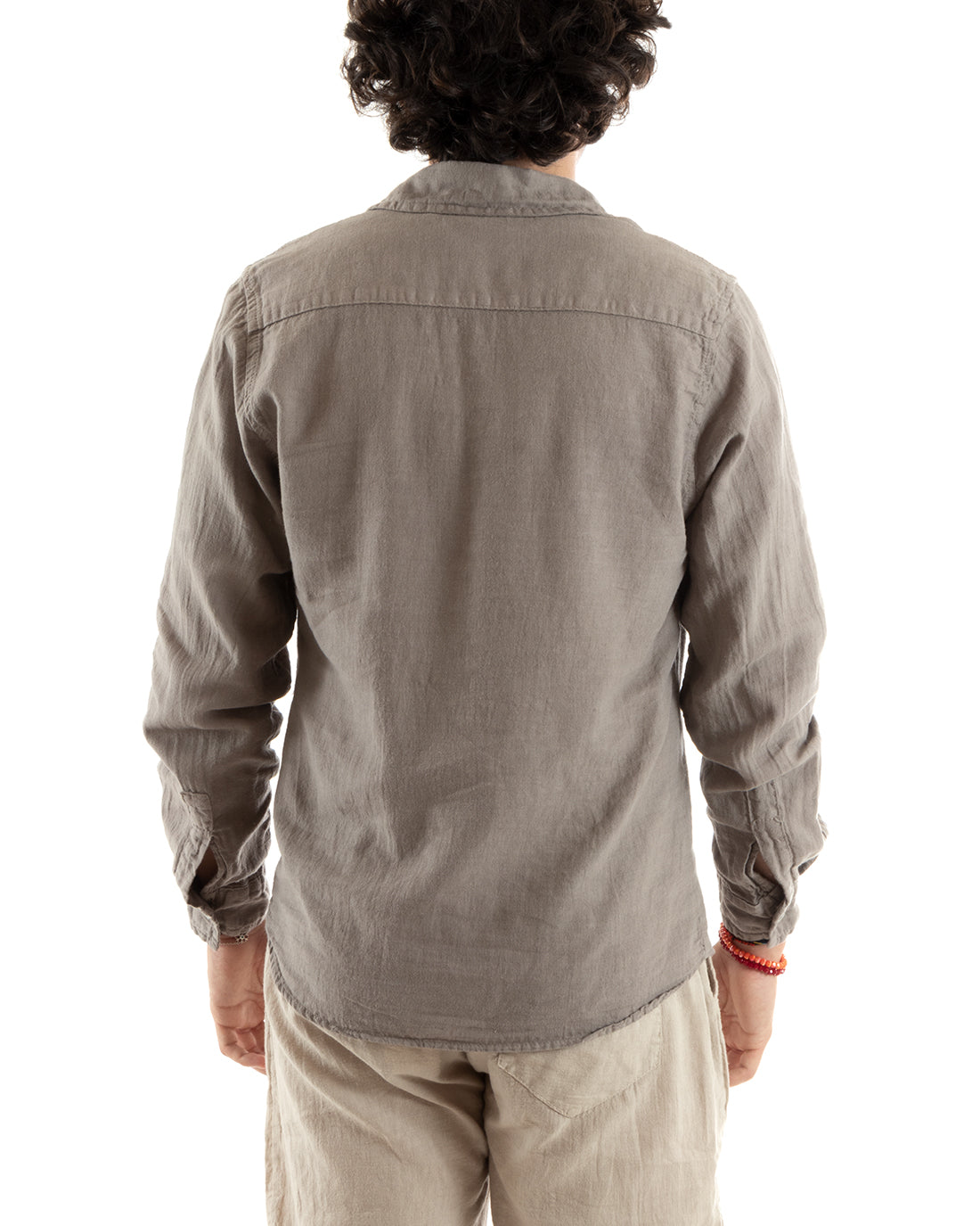Camicia Uomo Con Colletto Slim Fit Lino Tinta Unita Maniche Lunghe Fango GIOSAL-C2756A