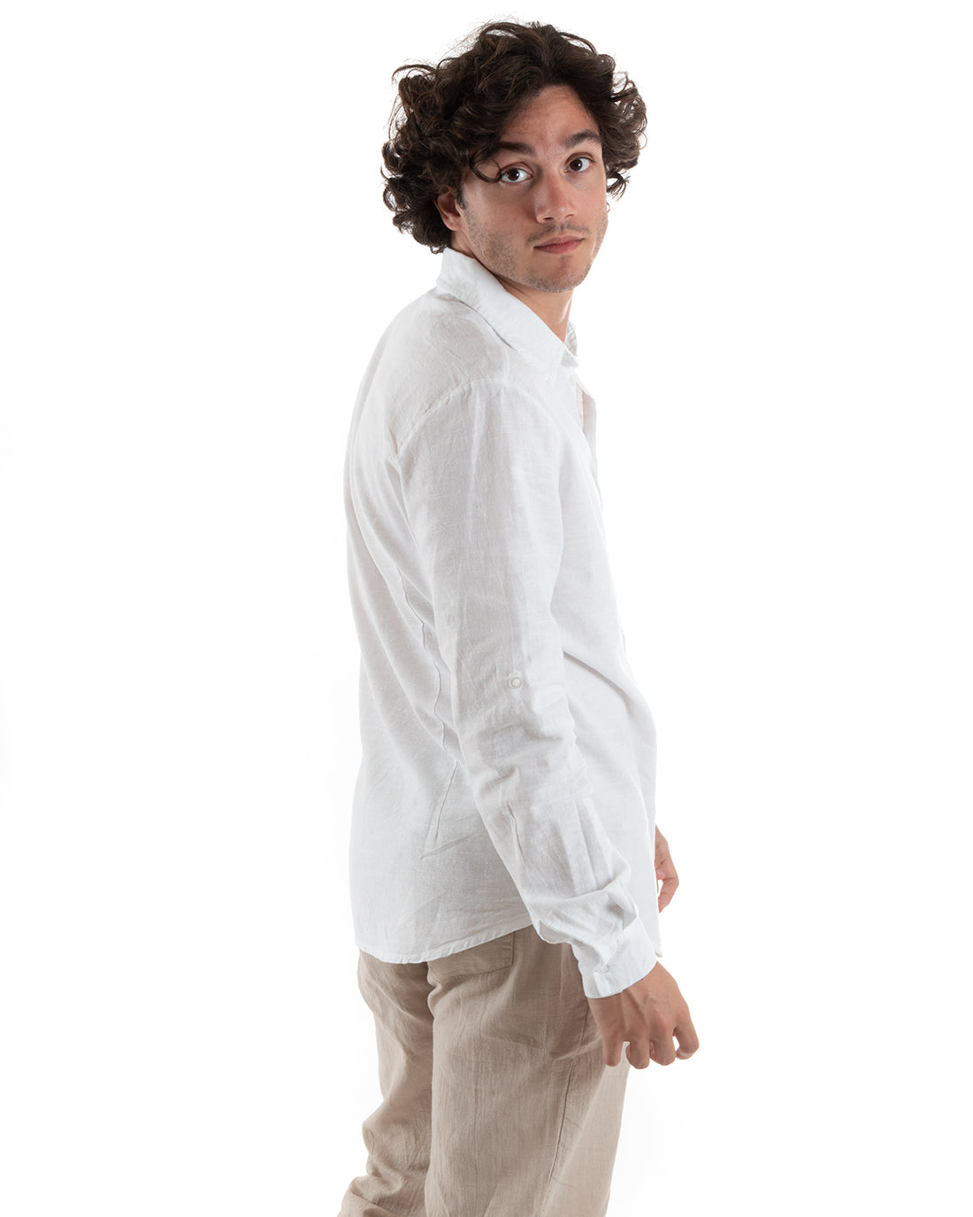 Camicia Uomo Con Colletto Slim Fit Lino Tinta Unita Maniche Lunghe Bianco GIOSAL-C2761A