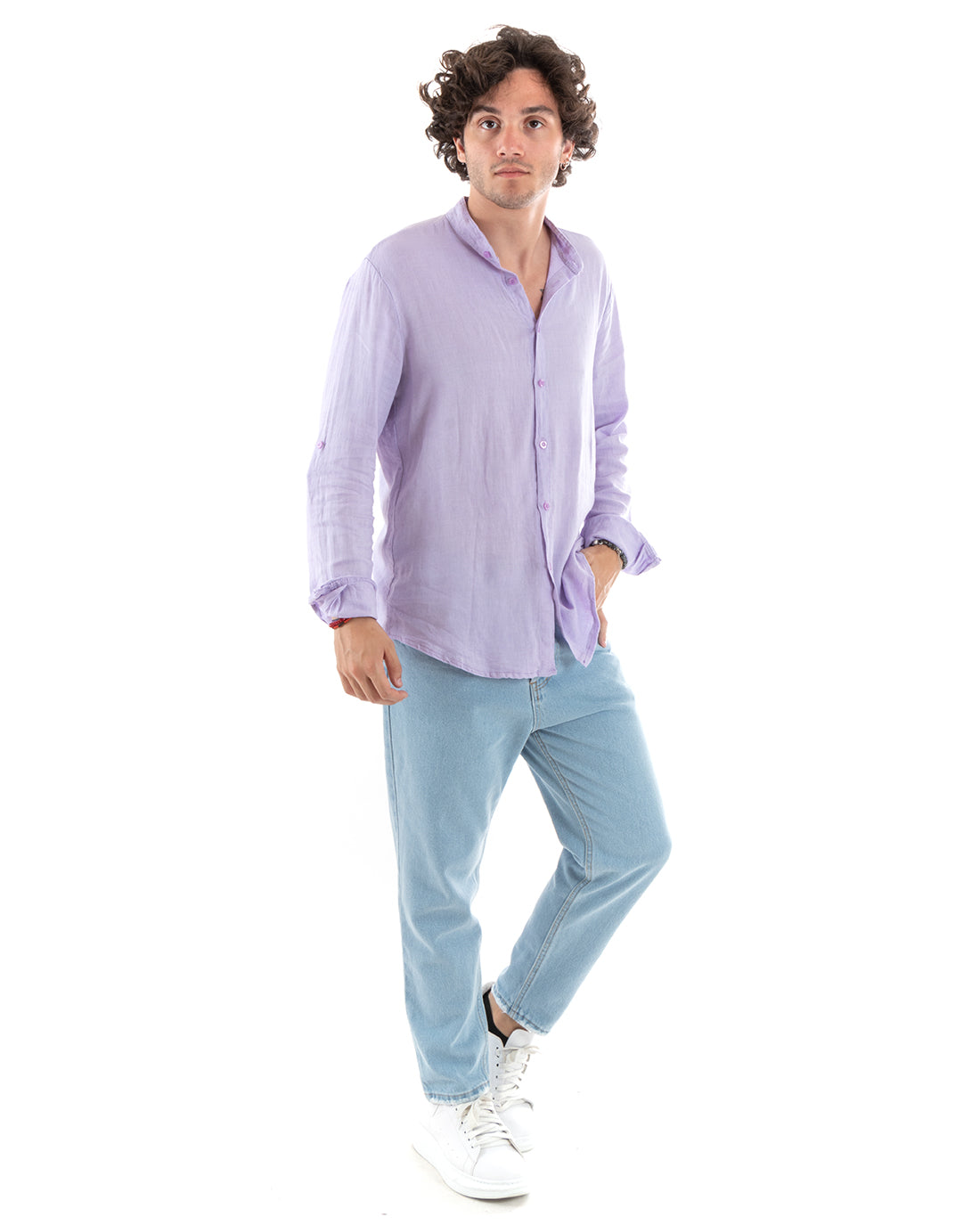 Camicia Uomo Lino Collo Coreano Slim Fit Basic Morbida Lavata Tinta Unita Lilla GIOSAL-C2776A