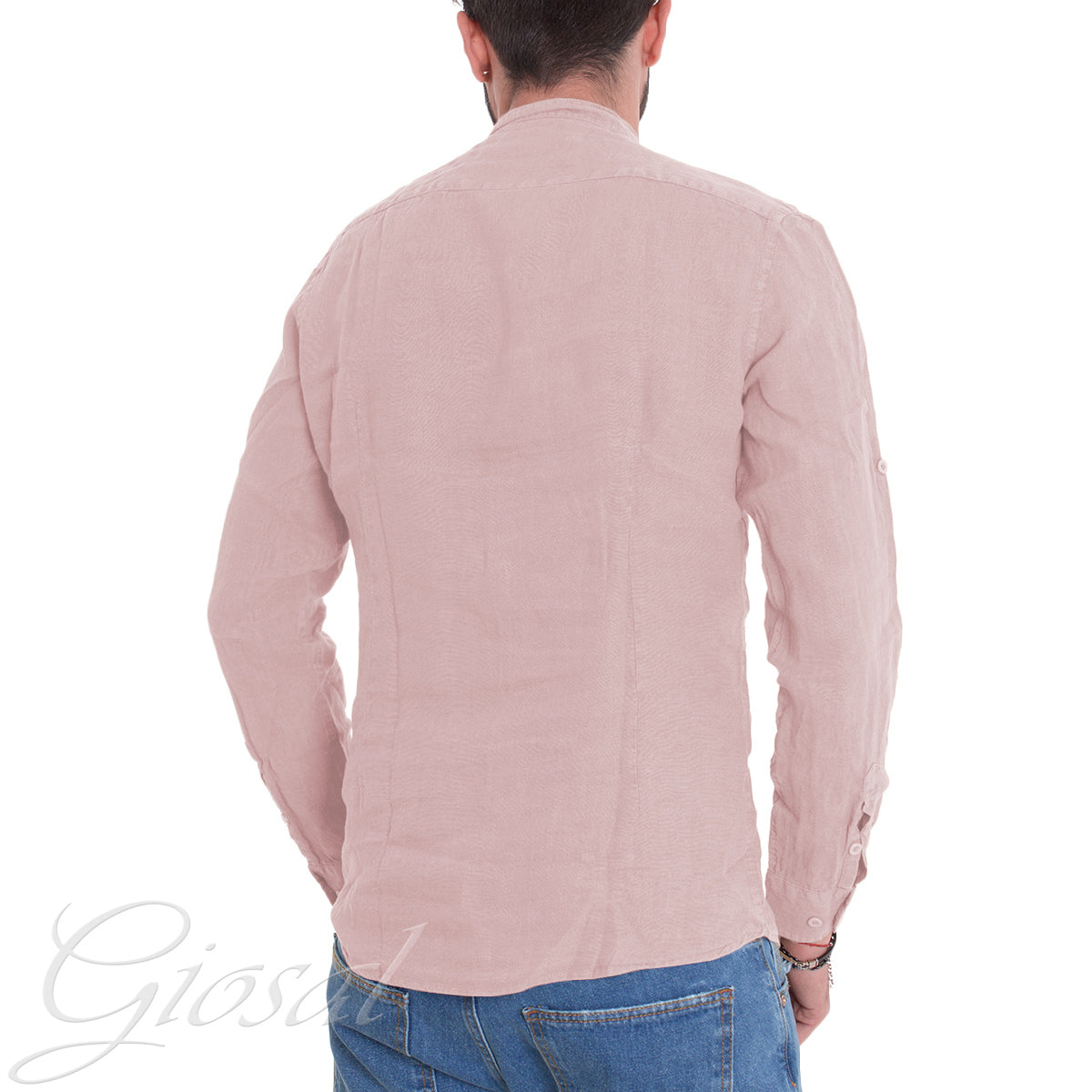 Camicia Uomo Collo Coreano Slim Fit Lino Tinta Unita Maniche Lunghe Rosa GIOSAL-C2879A