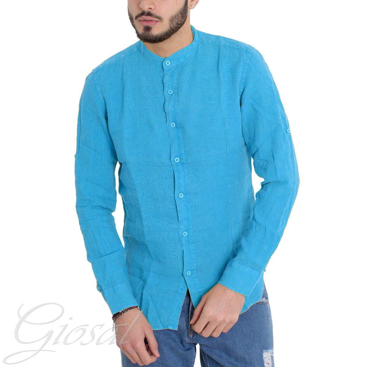 Camicia Uomo Collo Coreano Slim Fit Lino Tinta Unita Maniche Lunghe Turchese GIOSAL-C2881A