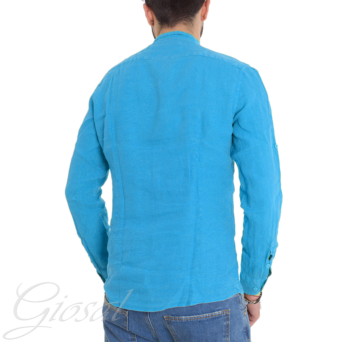 Camicia Uomo Collo Coreano Slim Fit Lino Tinta Unita Maniche Lunghe Turchese GIOSAL-C2881A