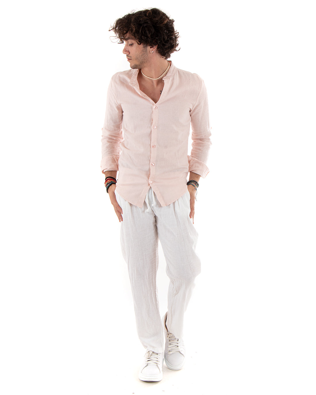 Camicia Uomo Lino Collo Coreano Slim Fit Basic Morbida Lavata Tinta Unita Rosa GIOSAL-C2782A