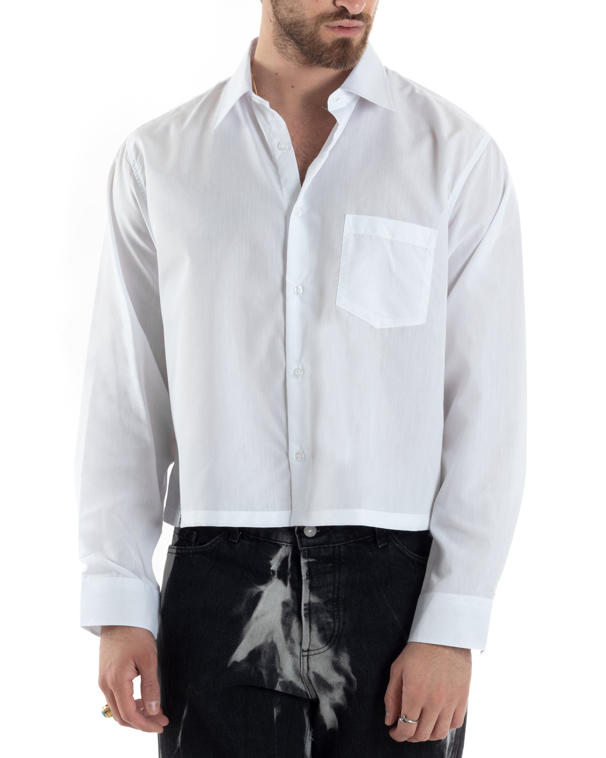 Camicia Uomo Cropped Manica Lunga Tinta Unita Bianco Boxy Fit Casual GIOSAL-C2822A