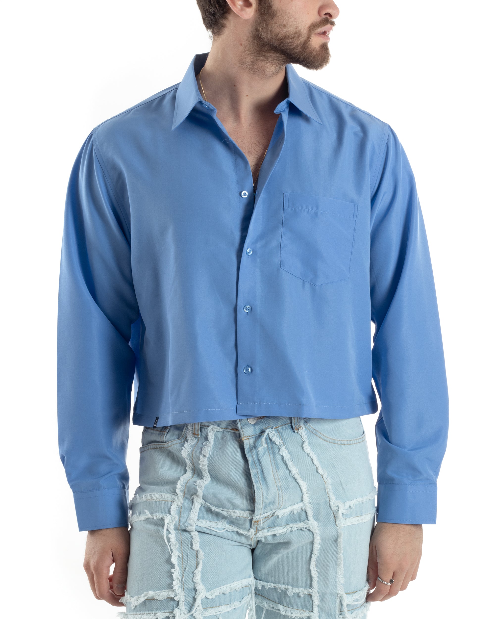 Camicia Uomo Cropped Manica Lunga Tinta Unita Azzurro Boxy Fit Casual GIOSAL-C2824A