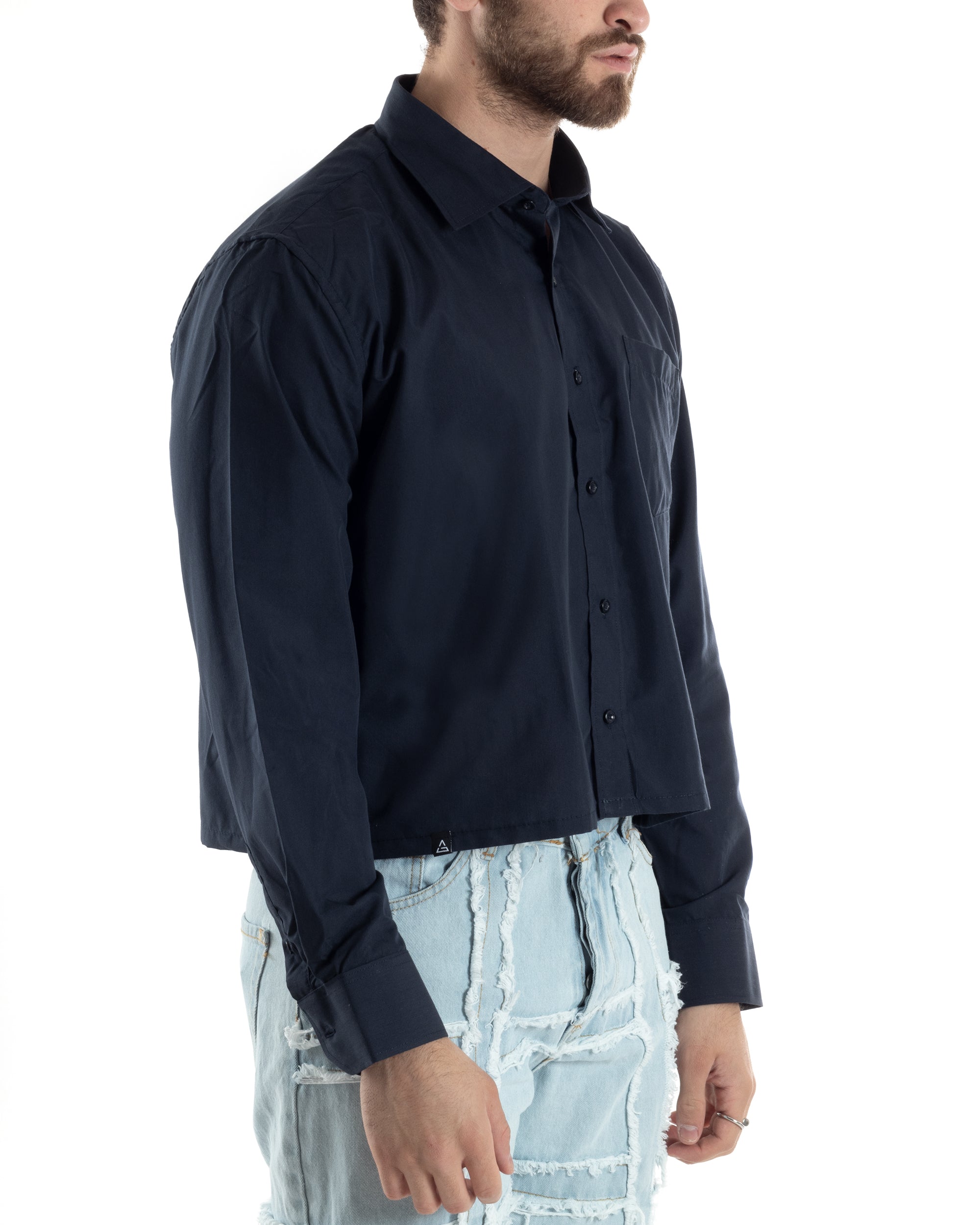Camicia Uomo Cropped Manica Lunga Tinta Unita Blu Boxy Fit Casual GIOSAL-C2825A