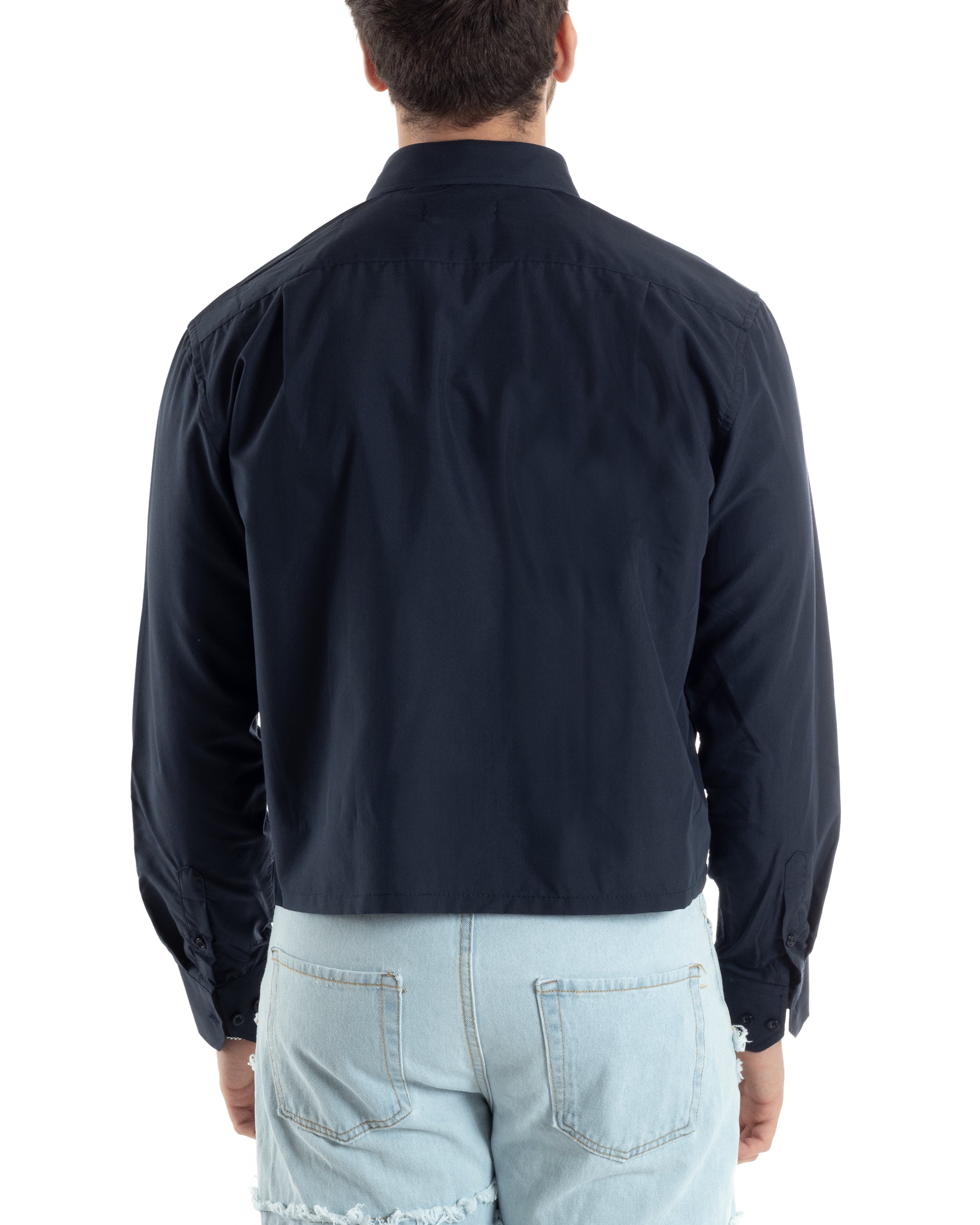 Camicia Uomo Cropped Manica Lunga Tinta Unita Blu Boxy Fit Casual GIOSAL-C2825A