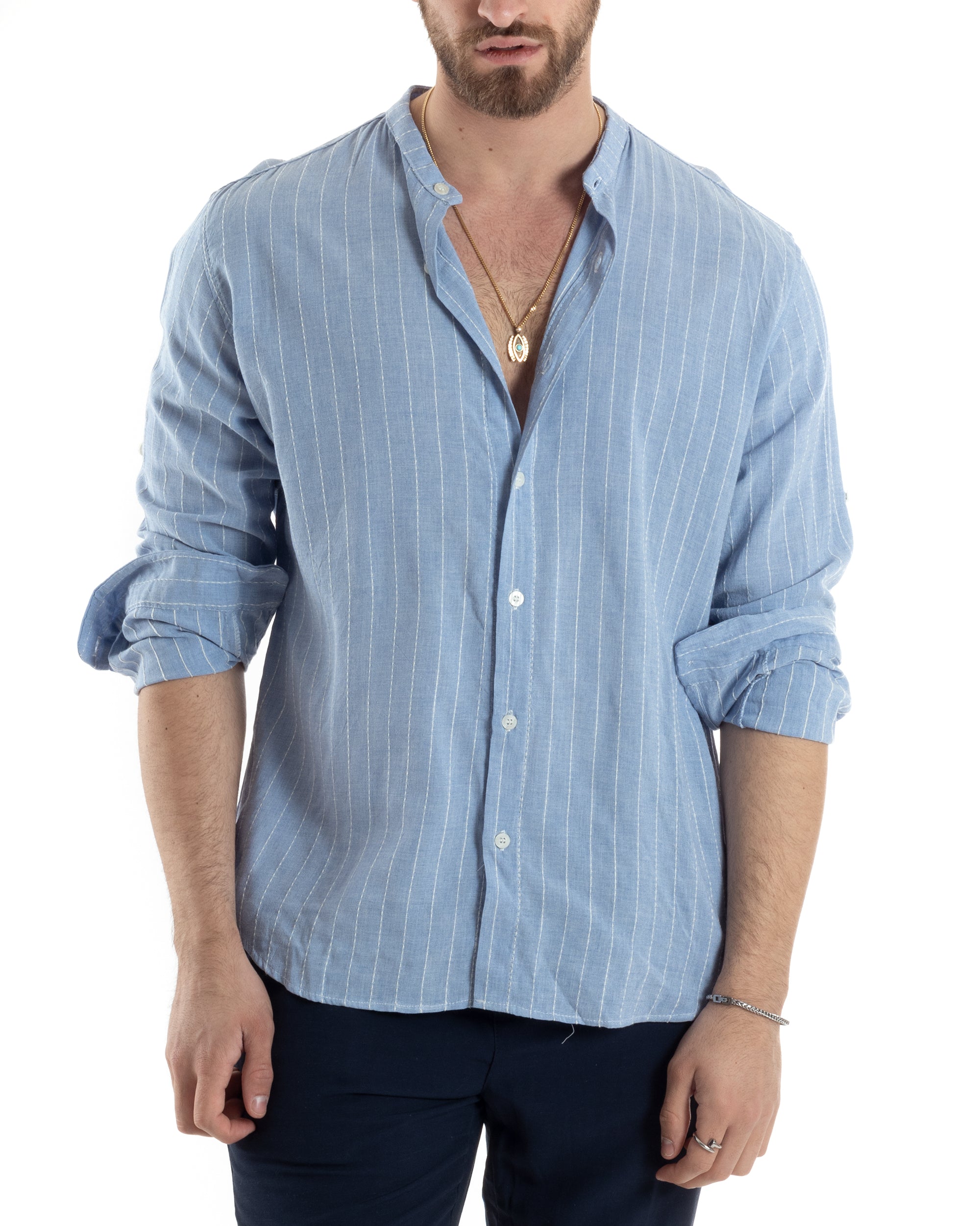 Camicia Uomo Collo Coreano Manica Lunga Lino Cotone Rigata Celeste GIOSAL-C2830A