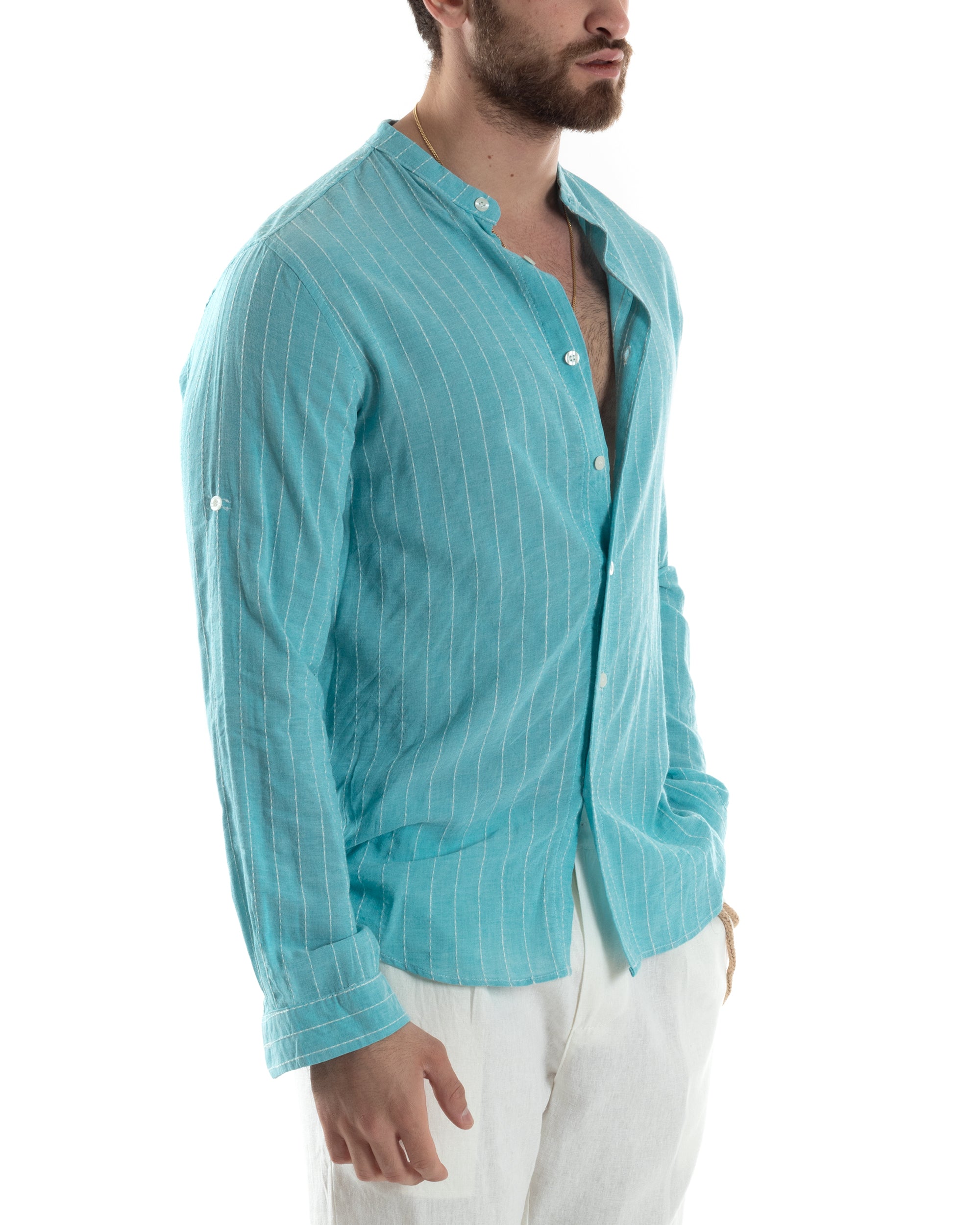 Camicia Uomo Collo Coreano Manica Lunga Lino Cotone Rigata Azzurro GIOSAL-C2832A