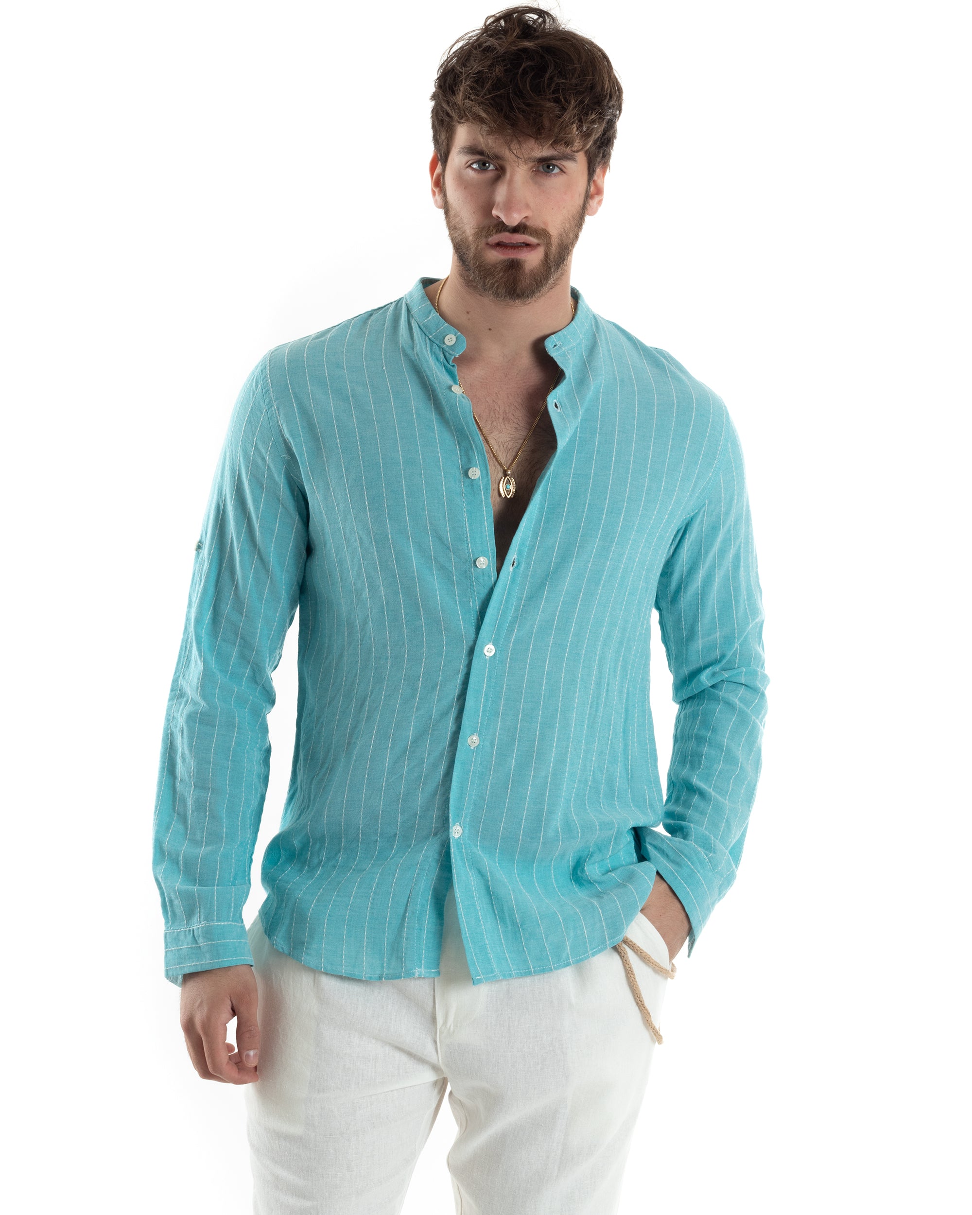 Camicia Uomo Collo Coreano Manica Lunga Lino Cotone Rigata Azzurro GIOSAL-C2832A