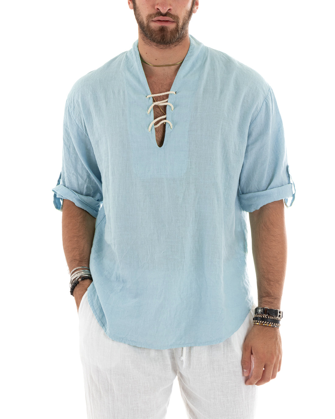 Men's Linen Shirt Solid Color Tunic 3/4 Sleeve V-Neck with Laces Light Blue Casual GIOSAL-C2833A