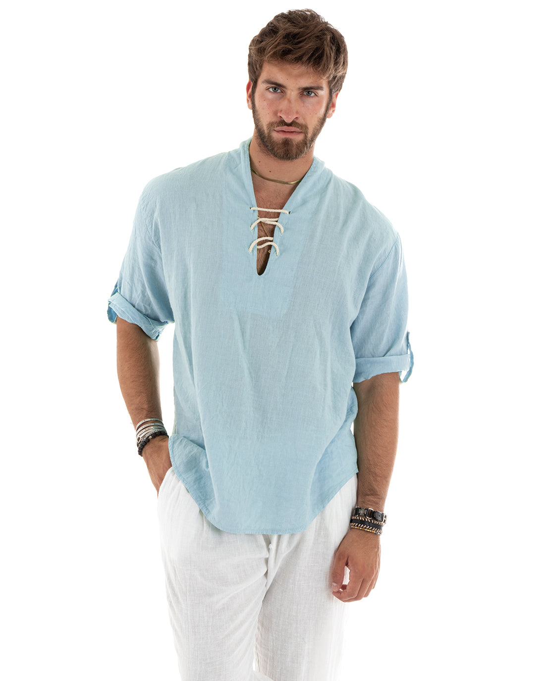 Men's Linen Shirt Solid Color Tunic 3/4 Sleeve V-Neck with Laces Light Blue Casual GIOSAL-C2833A