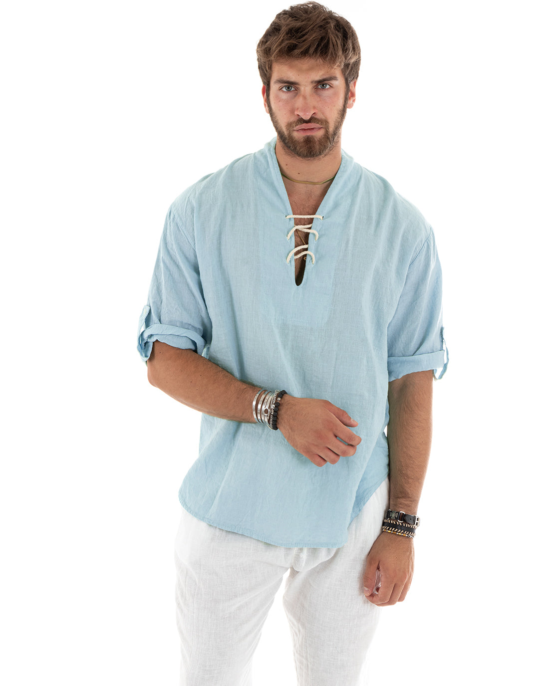 Men's Linen Shirt Solid Color Tunic 3/4 Sleeve V-Neck with Laces Light Blue Casual GIOSAL-C2833A