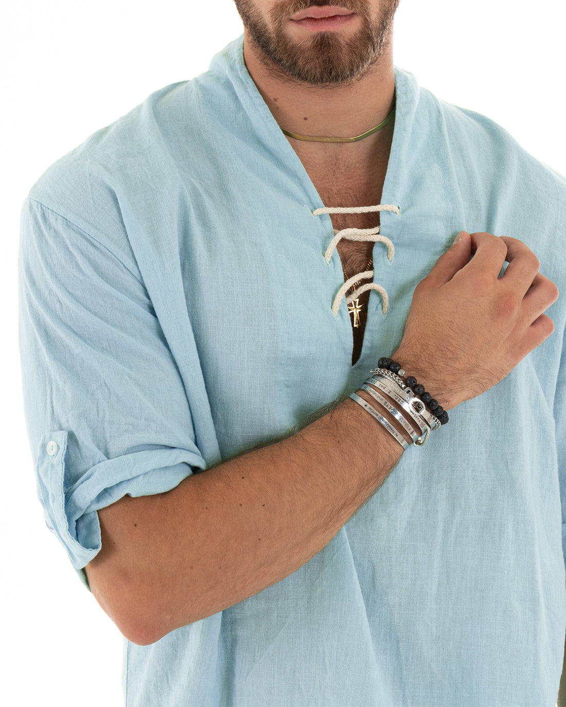 Men's Linen Shirt Solid Color Tunic 3/4 Sleeve V-Neck with Laces Light Blue Casual GIOSAL-C2833A