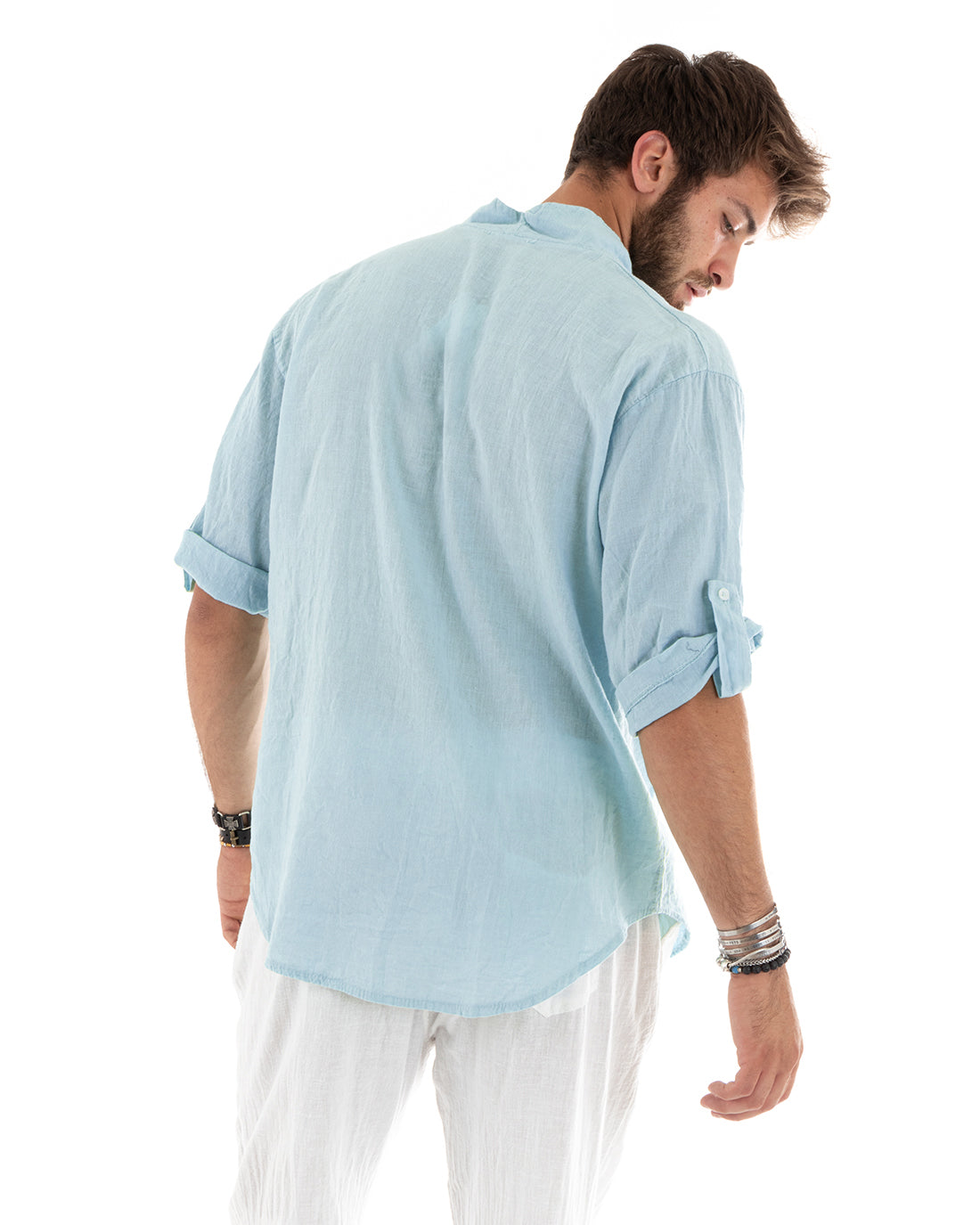 Men's Linen Shirt Solid Color Tunic 3/4 Sleeve V-Neck with Laces Light Blue Casual GIOSAL-C2833A