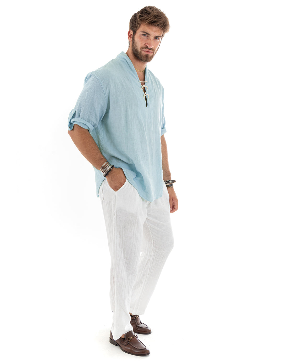Men's Linen Shirt Solid Color Tunic 3/4 Sleeve V-Neck with Laces Light Blue Casual GIOSAL-C2833A