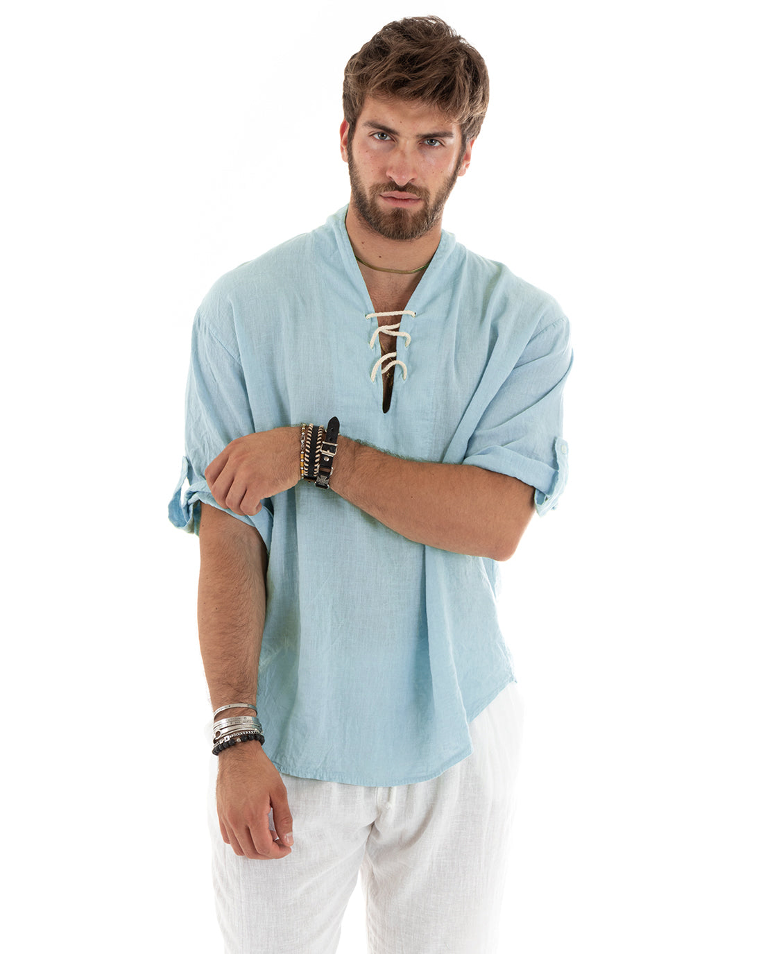 Men's Linen Shirt Solid Color Tunic 3/4 Sleeve V-Neck with Laces Light Blue Casual GIOSAL-C2833A