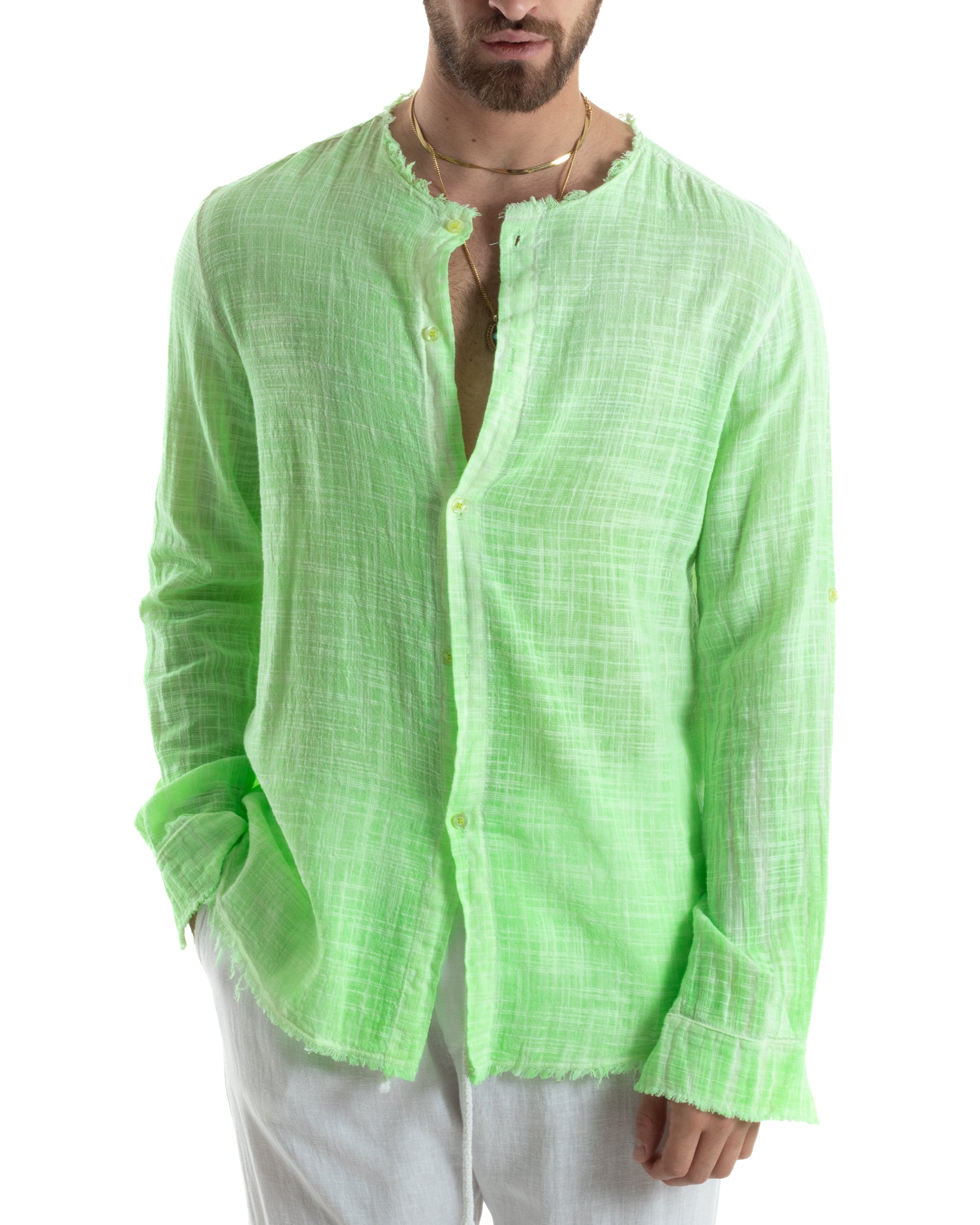 Camicia Uomo Sfrangiata Cotone Lino Morbida Leggera Slavata Tinta Unita Verde Fluo GIOSAL-C2836A