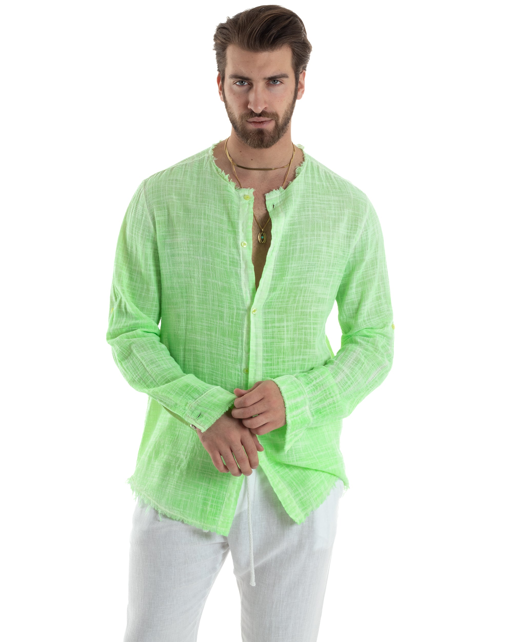 Camicia Uomo Sfrangiata Cotone Lino Morbida Leggera Slavata Tinta Unita Verde Fluo GIOSAL-C2836A