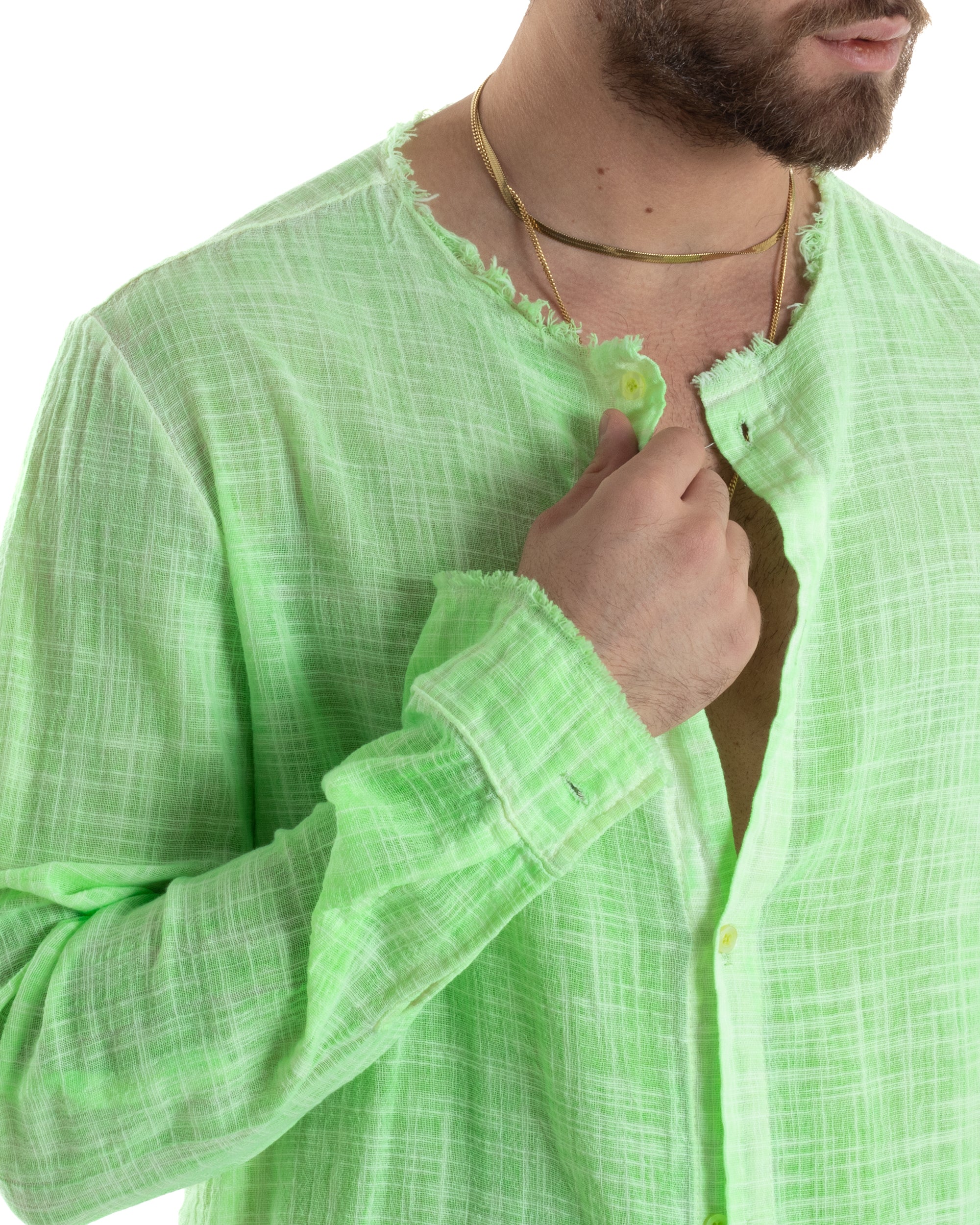 Camicia Uomo Sfrangiata Cotone Lino Morbida Leggera Slavata Tinta Unita Verde Fluo GIOSAL-C2836A