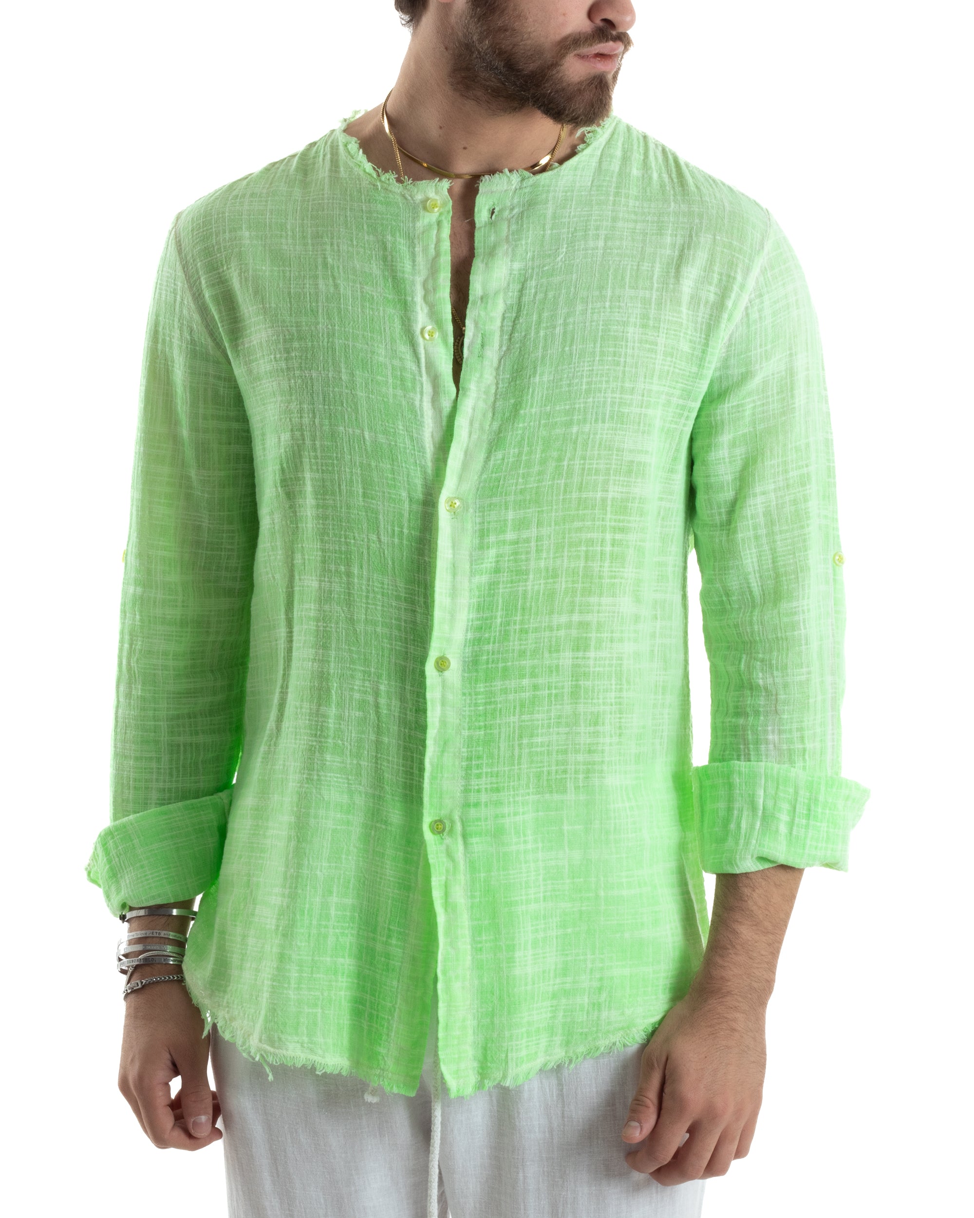 Camicia Uomo Sfrangiata Cotone Lino Morbida Leggera Slavata Tinta Unita Verde Fluo GIOSAL-C2836A