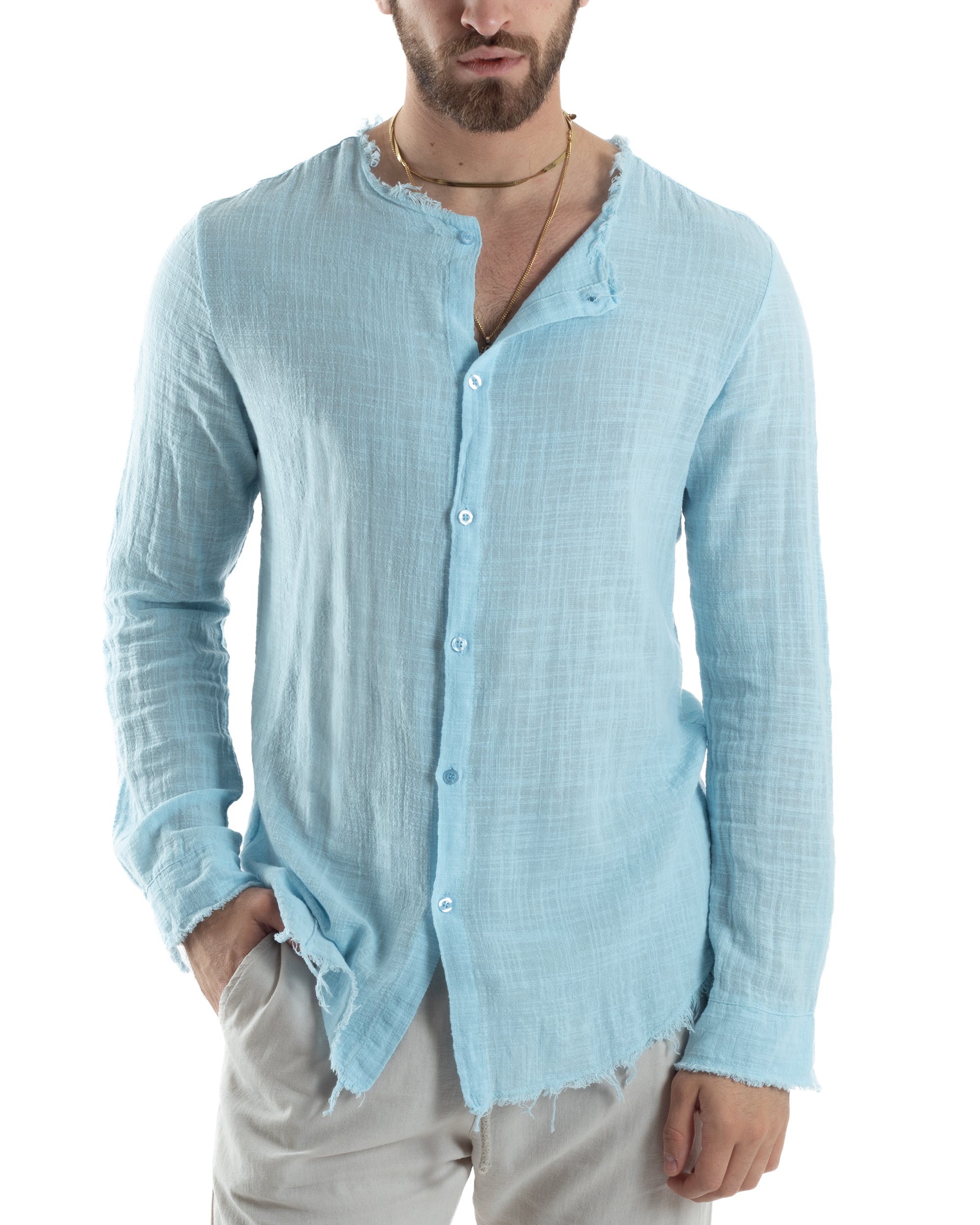 Camicia Uomo Sfrangiata Cotone Lino Morbida Leggera Slavata Tinta Unita Celeste GIOSAL-C2837A