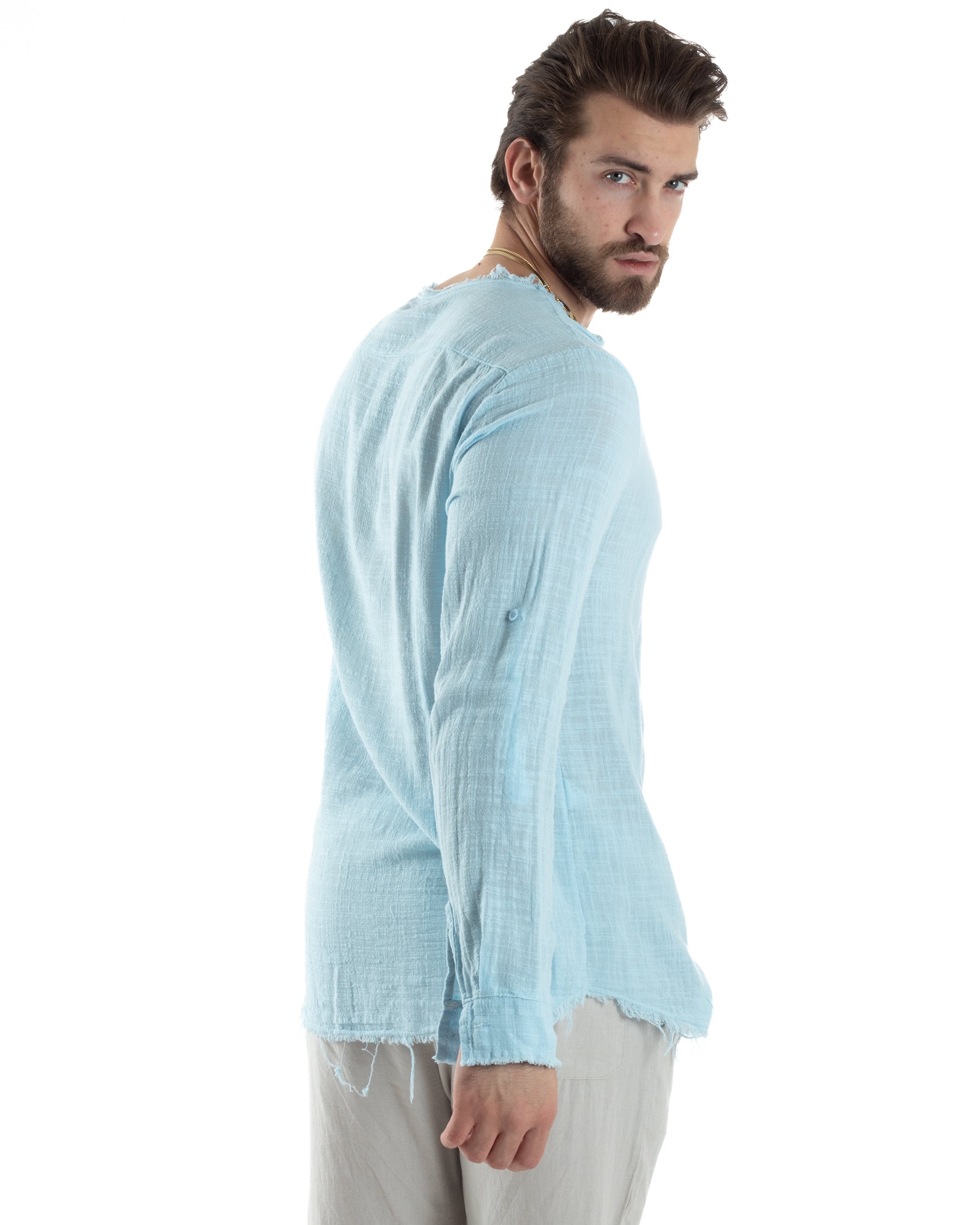 Camicia Uomo Sfrangiata Cotone Lino Morbida Leggera Slavata Tinta Unita Celeste GIOSAL-C2837A