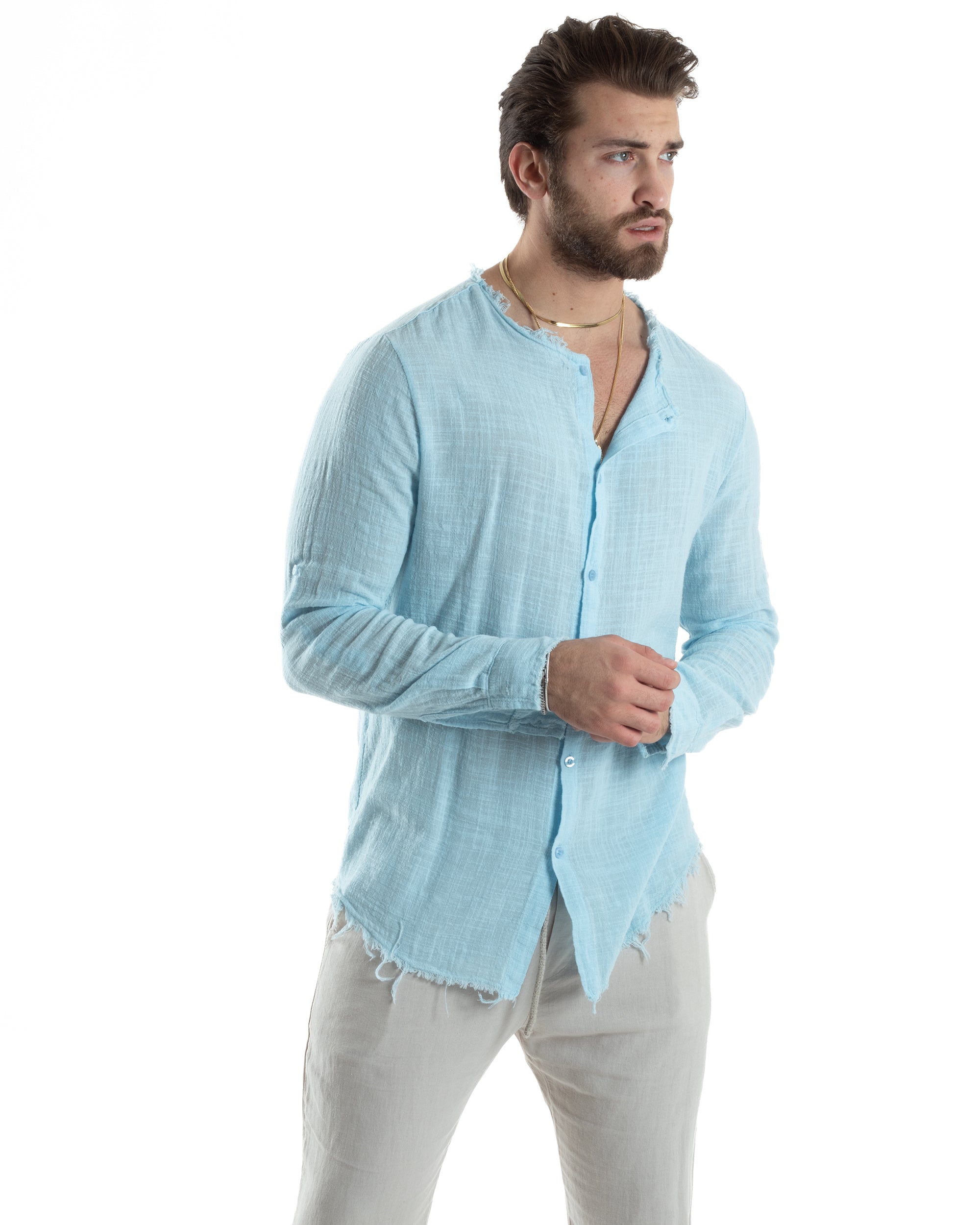 Camicia Uomo Sfrangiata Cotone Lino Morbida Leggera Slavata Tinta Unita Celeste GIOSAL-C2837A