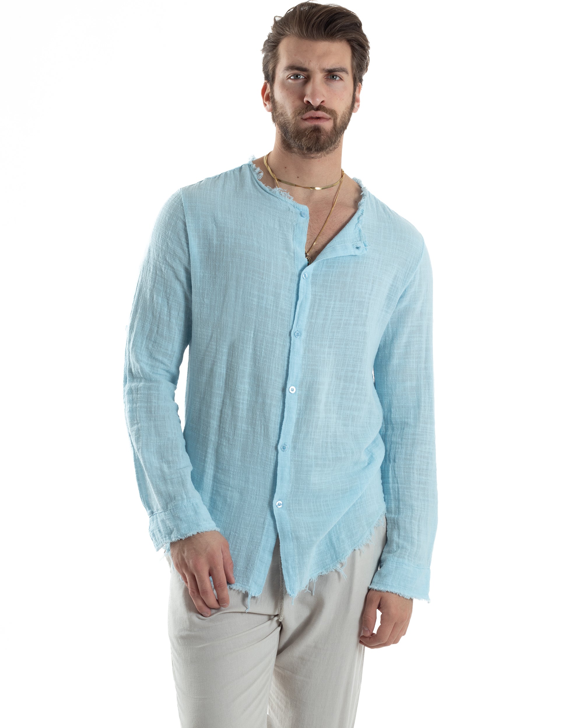 Camicia Uomo Sfrangiata Cotone Lino Morbida Leggera Slavata Tinta Unita Celeste GIOSAL-C2837A
