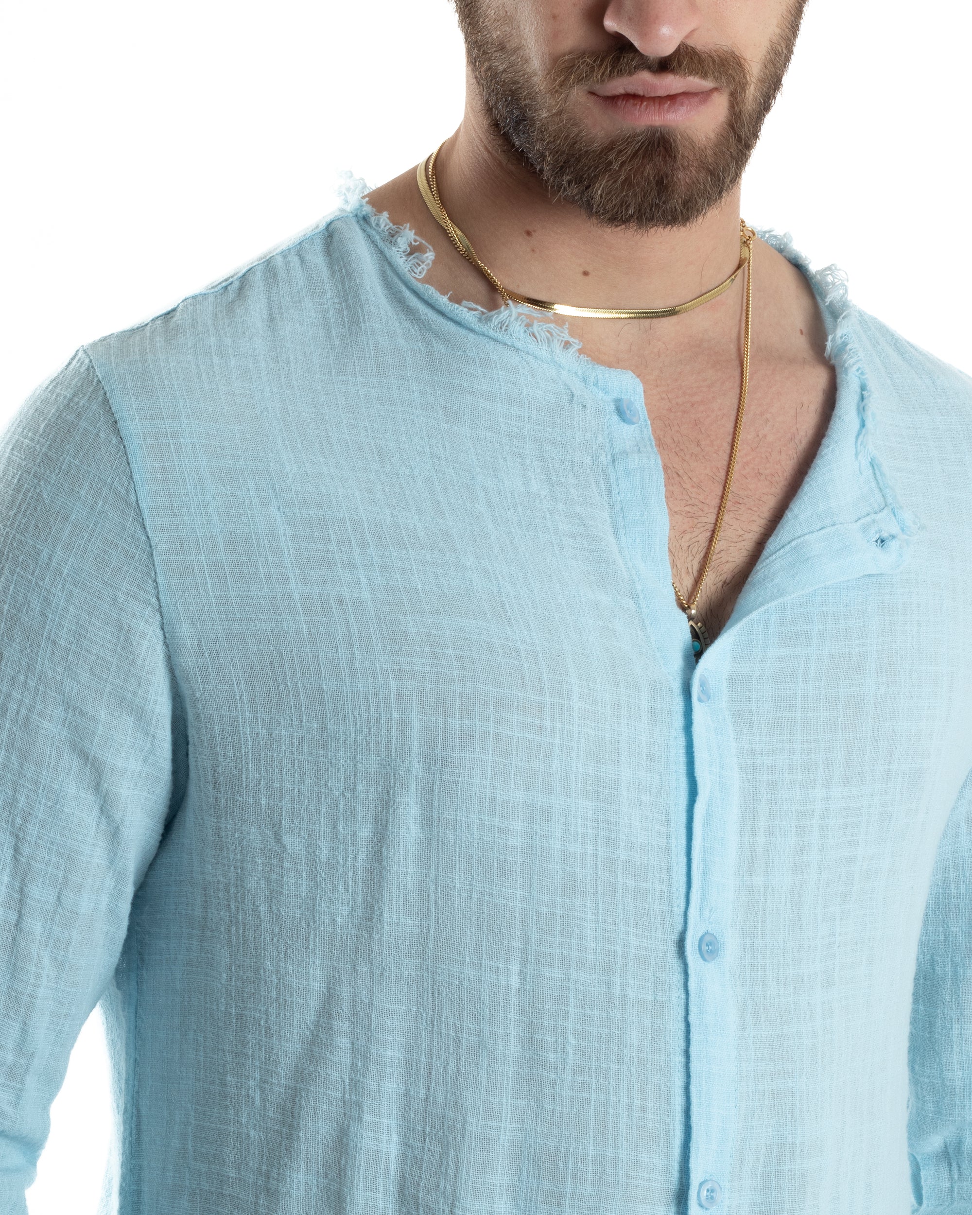 Camicia Uomo Sfrangiata Cotone Lino Morbida Leggera Slavata Tinta Unita Celeste GIOSAL-C2837A