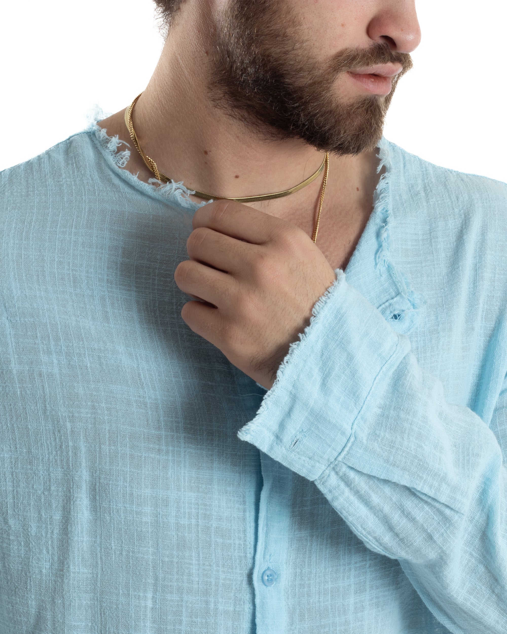 Camicia Uomo Sfrangiata Cotone Lino Morbida Leggera Slavata Tinta Unita Celeste GIOSAL-C2837A