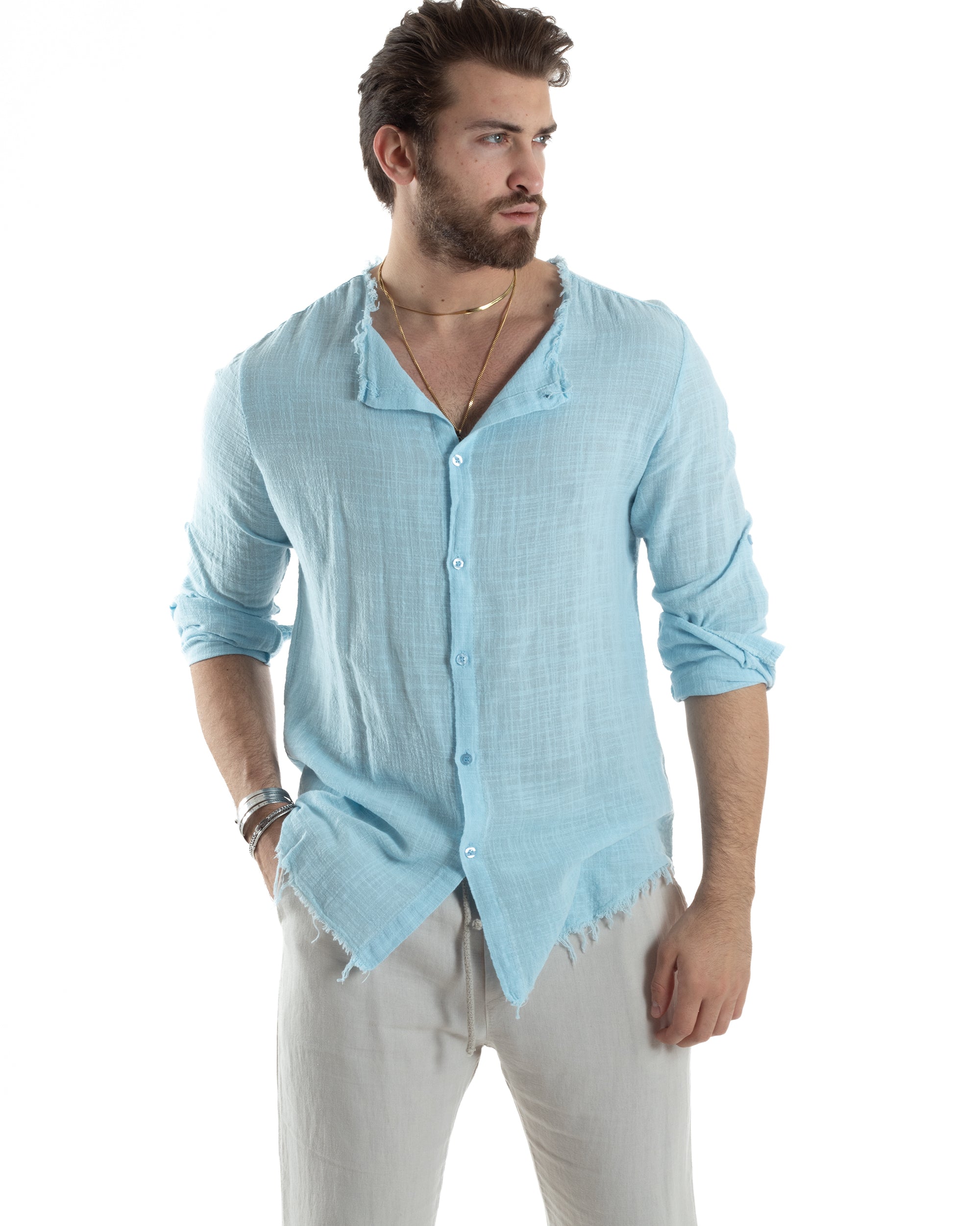 Camicia Uomo Sfrangiata Cotone Lino Morbida Leggera Slavata Tinta Unita Celeste GIOSAL-C2837A