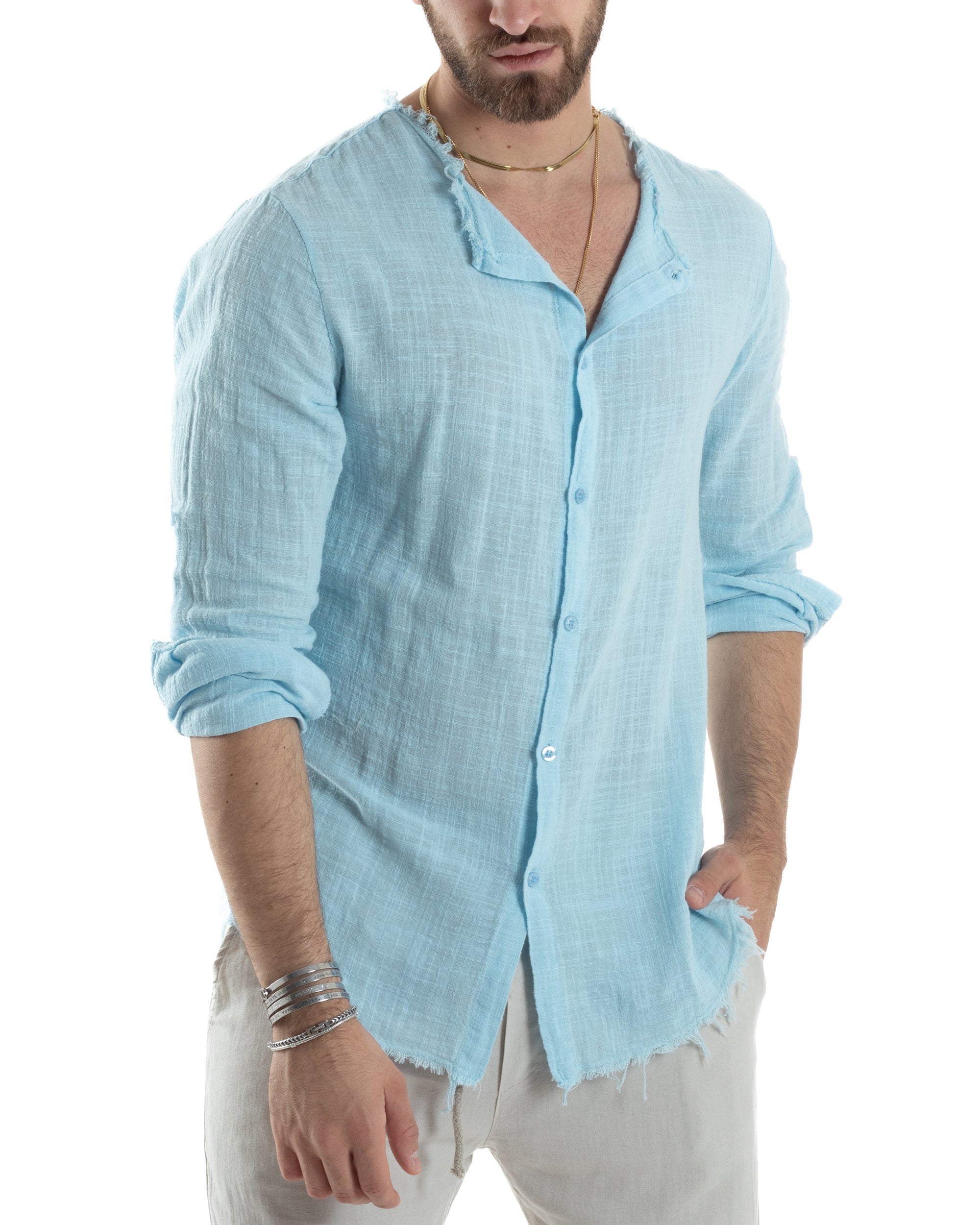 Camicia Uomo Sfrangiata Cotone Lino Morbida Leggera Slavata Tinta Unita Celeste GIOSAL-C2837A