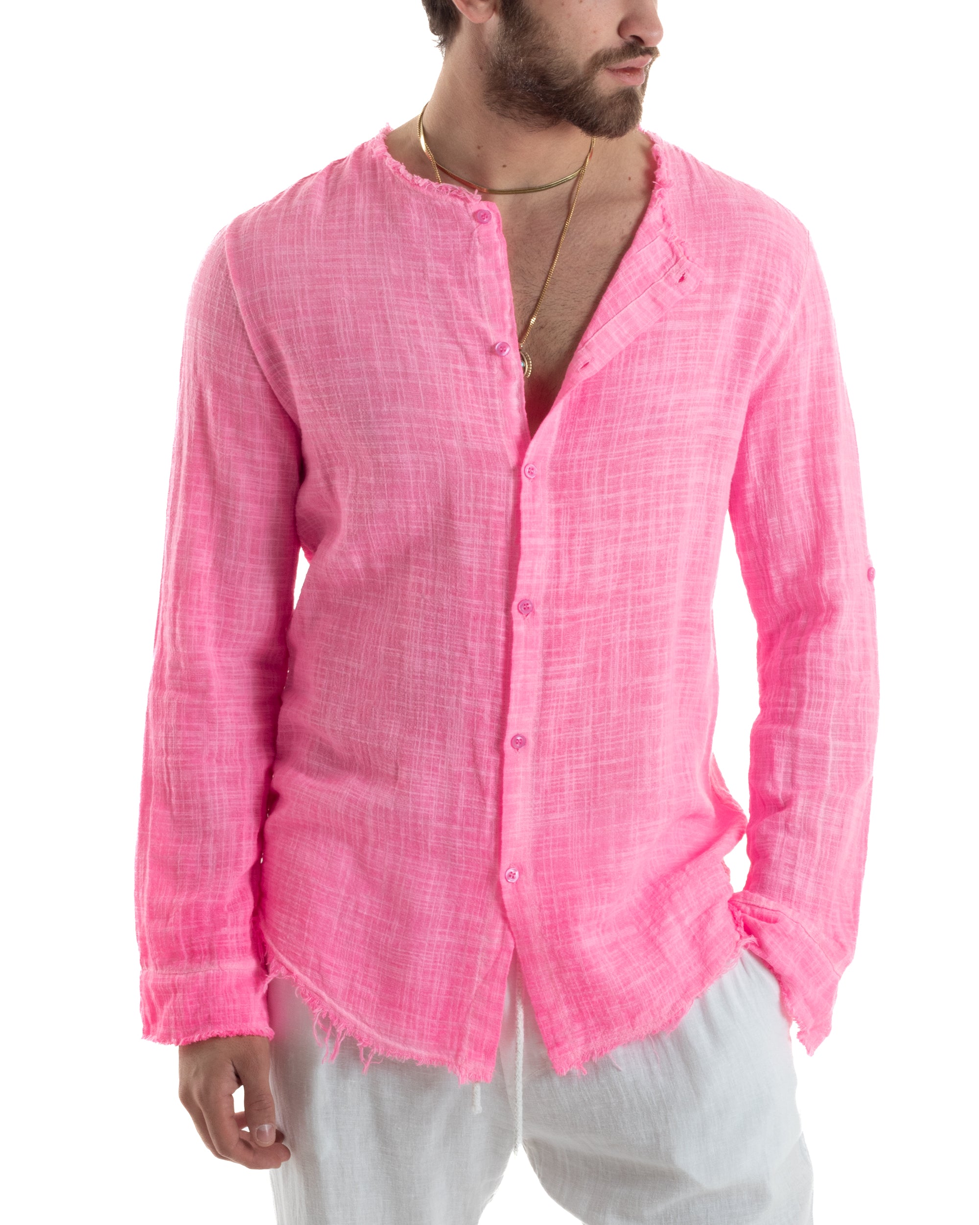 Camicia Uomo Sfrangiata Cotone Lino Morbida Leggera Slavata Tinta Unita Fuxia Fluo GIOSAL-C2838A