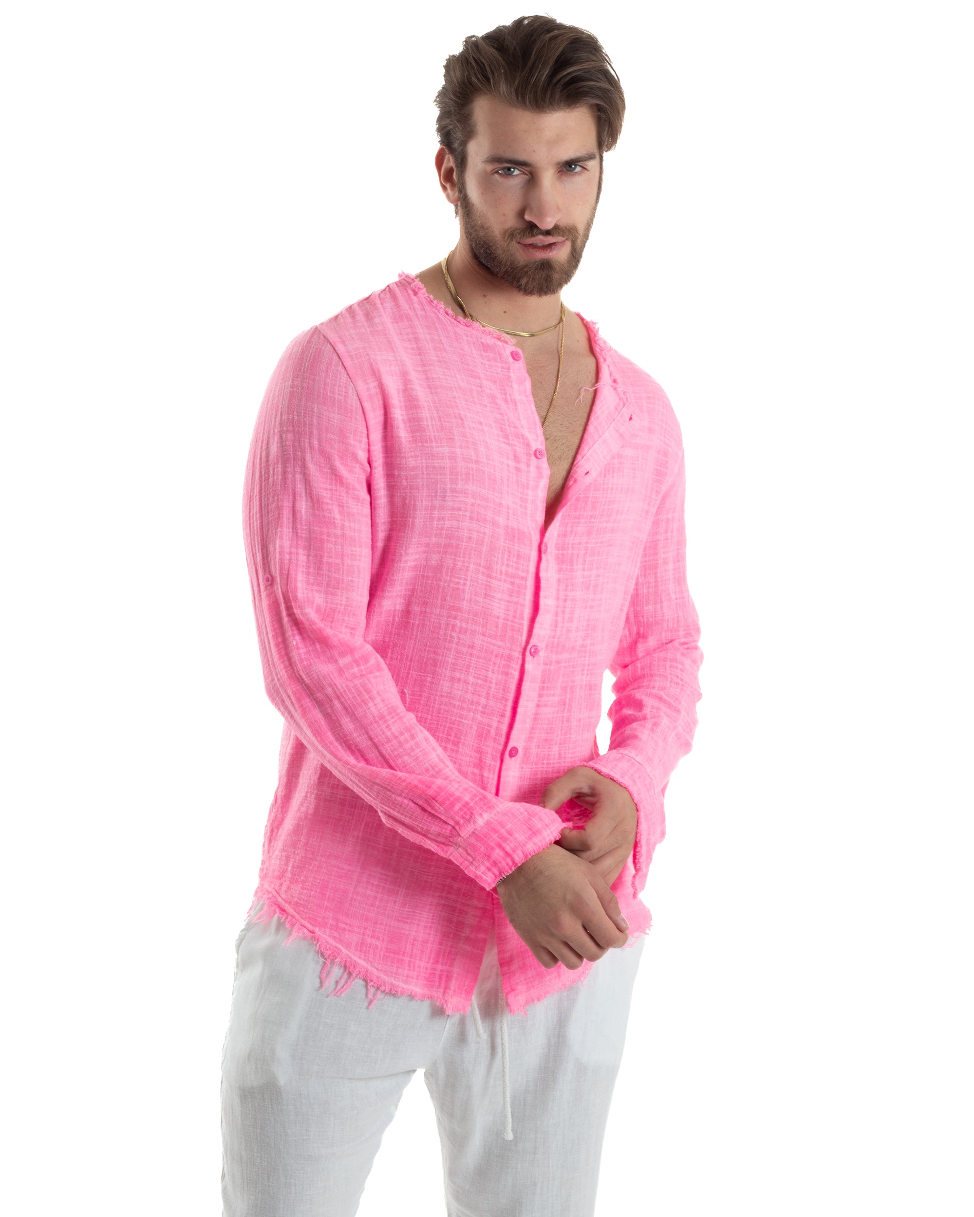 Camicia Uomo Sfrangiata Cotone Lino Morbida Leggera Slavata Tinta Unita Fuxia Fluo GIOSAL-C2838A