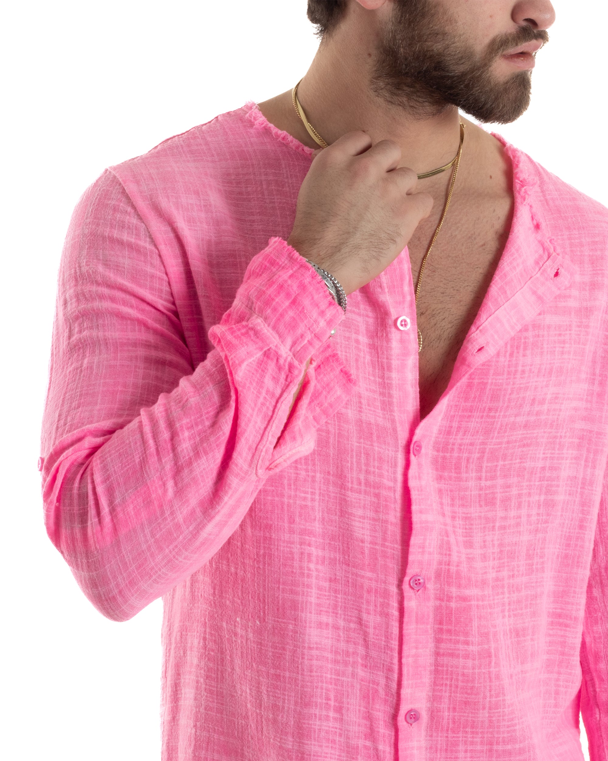 Camicia Uomo Sfrangiata Cotone Lino Morbida Leggera Slavata Tinta Unita Fuxia Fluo GIOSAL-C2838A