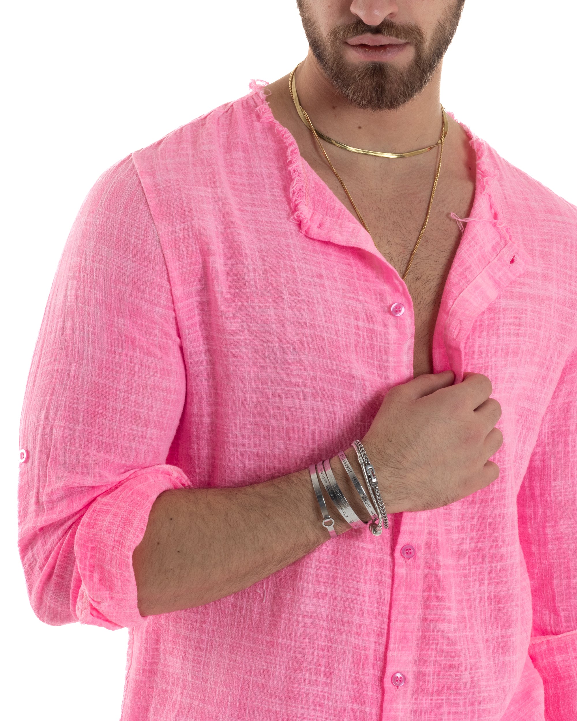 Camicia Uomo Sfrangiata Cotone Lino Morbida Leggera Slavata Tinta Unita Fuxia Fluo GIOSAL-C2838A