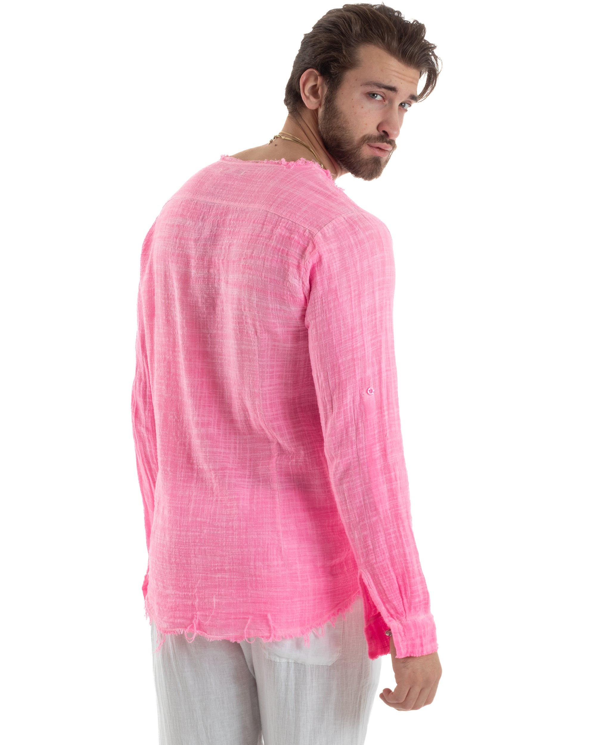 Camicia Uomo Sfrangiata Cotone Lino Morbida Leggera Slavata Tinta Unita Fuxia Fluo GIOSAL-C2838A